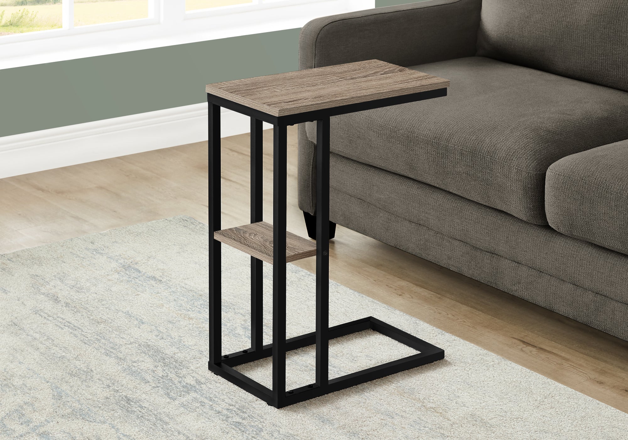 MN-183672    Accent Table, C-Shaped, End, Side, Snack, Living Room, Bedroom, Metal Legs, Laminate, Dark Taupe, Black, Contemporary, Modern