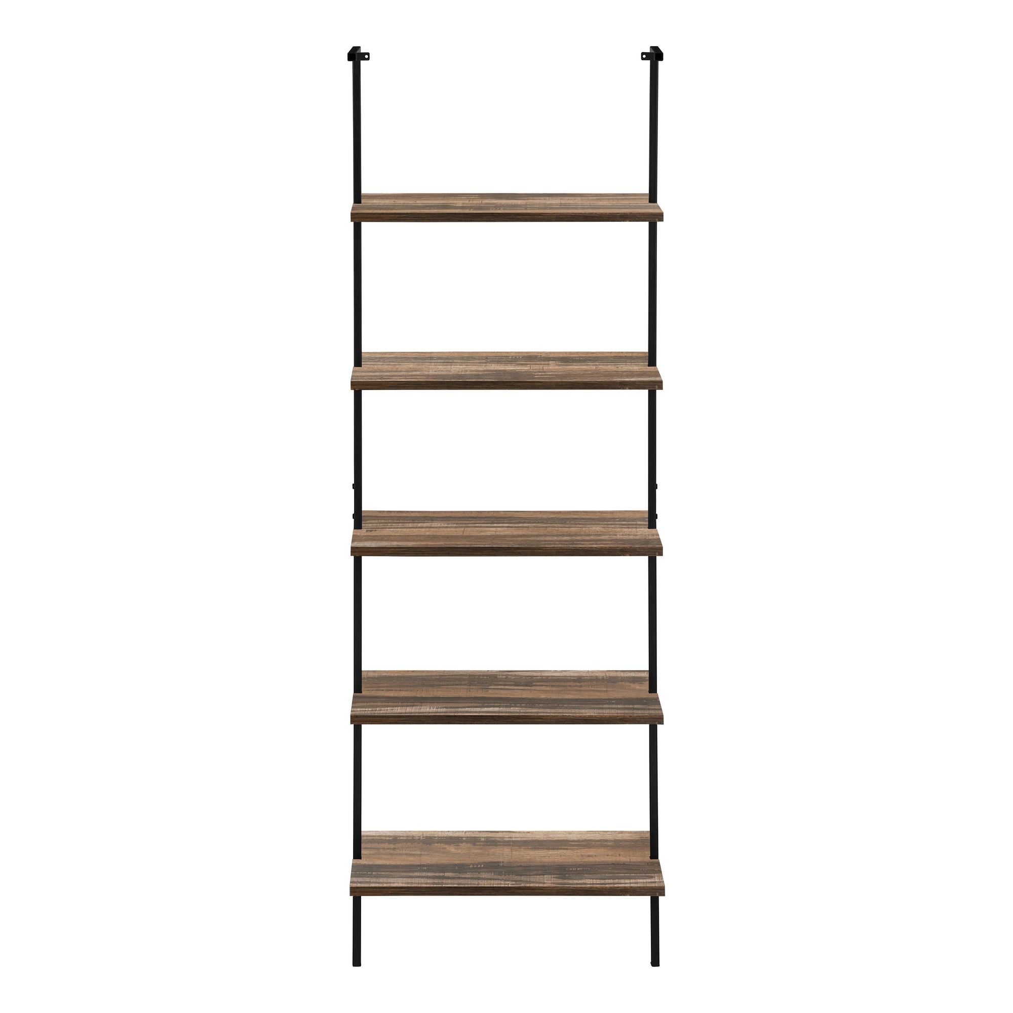 MN-243680    Bookcase - 5 Tier Etagere Ladder Bookshelf - Metal Frame - 72"H - Medium Brown Reclaimed Wood-Look