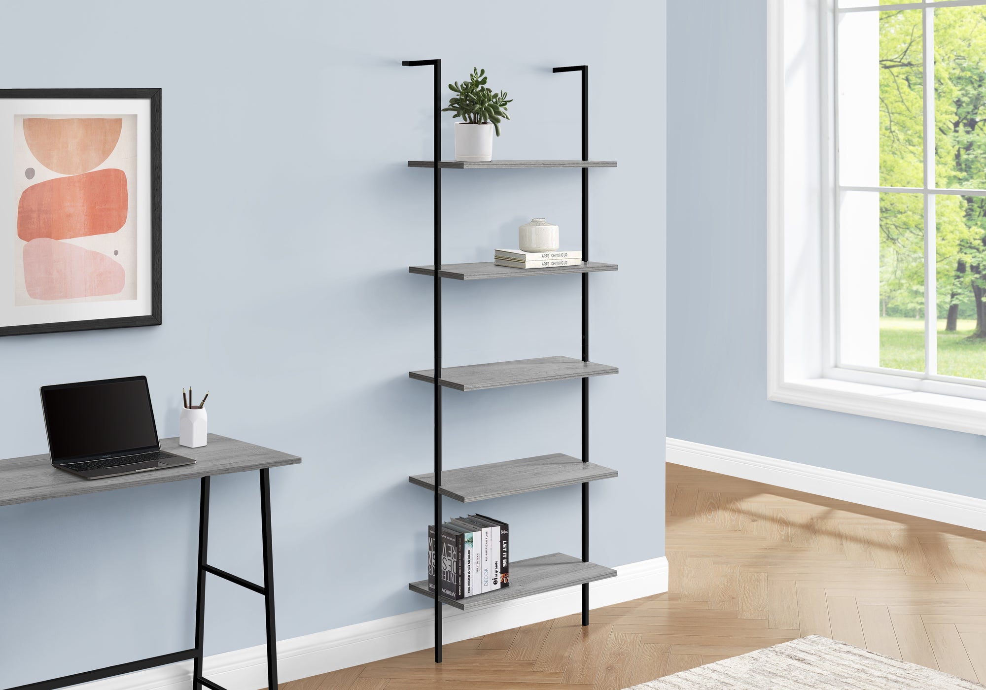 MN-253681    Bookcase - 5 Tier Etagere Ladder Bookshelf - Metal Frame - 72"H - Grey