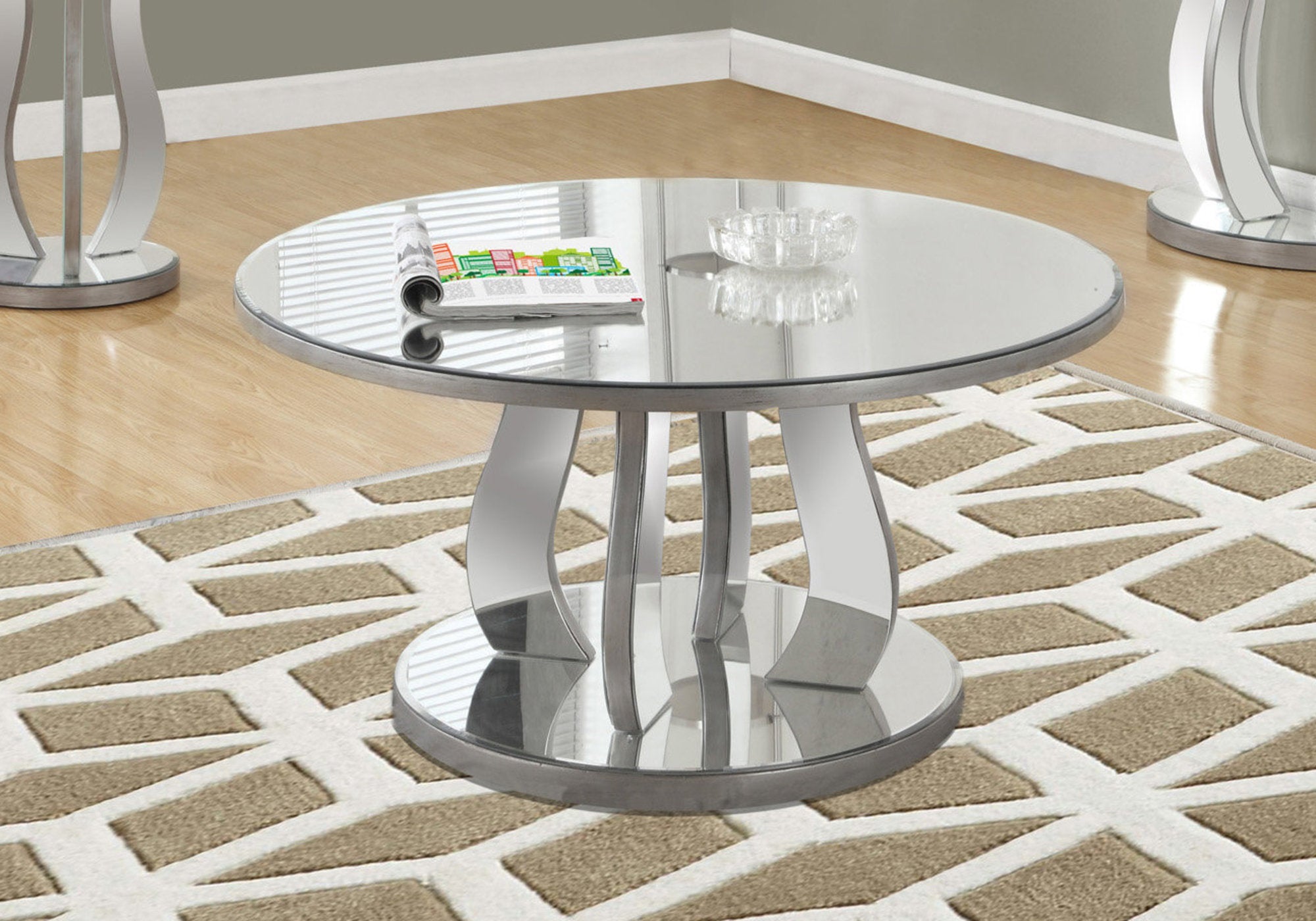 MN-323725    Coffee Table, Accent, Cocktail, Round, Living Room, 36"Dia, Mirror, Wooden Frame, Brushed Silver, Grey, Contemporary, Modern