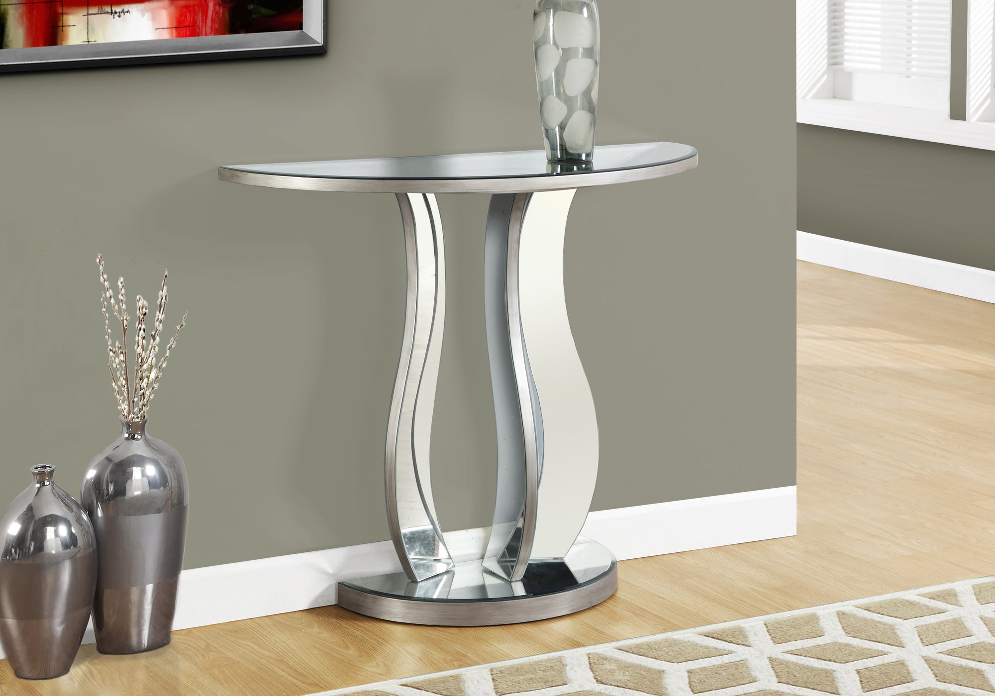 MN-343727    Accent Table, Console, Entryway, Narrow, Sofa, Living Room, Bedroom, Mirror, Wooden Frame, Brushed Silver, Grey, Contemporary, Modern