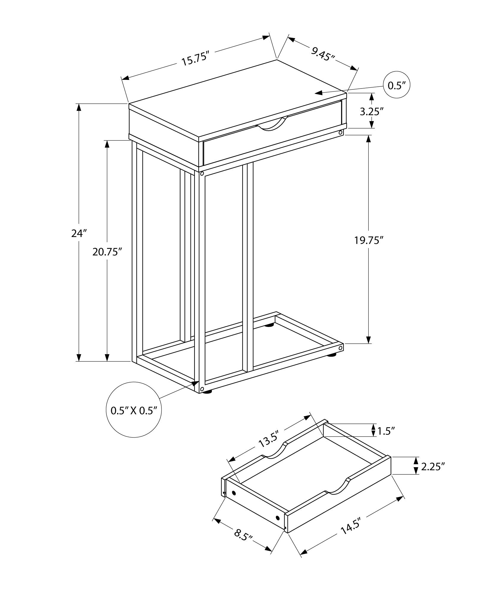MN-473770    Side Table / C Table - 1 Storage Drawer, Pass-Through / Rectangular - 25"H - White / Black