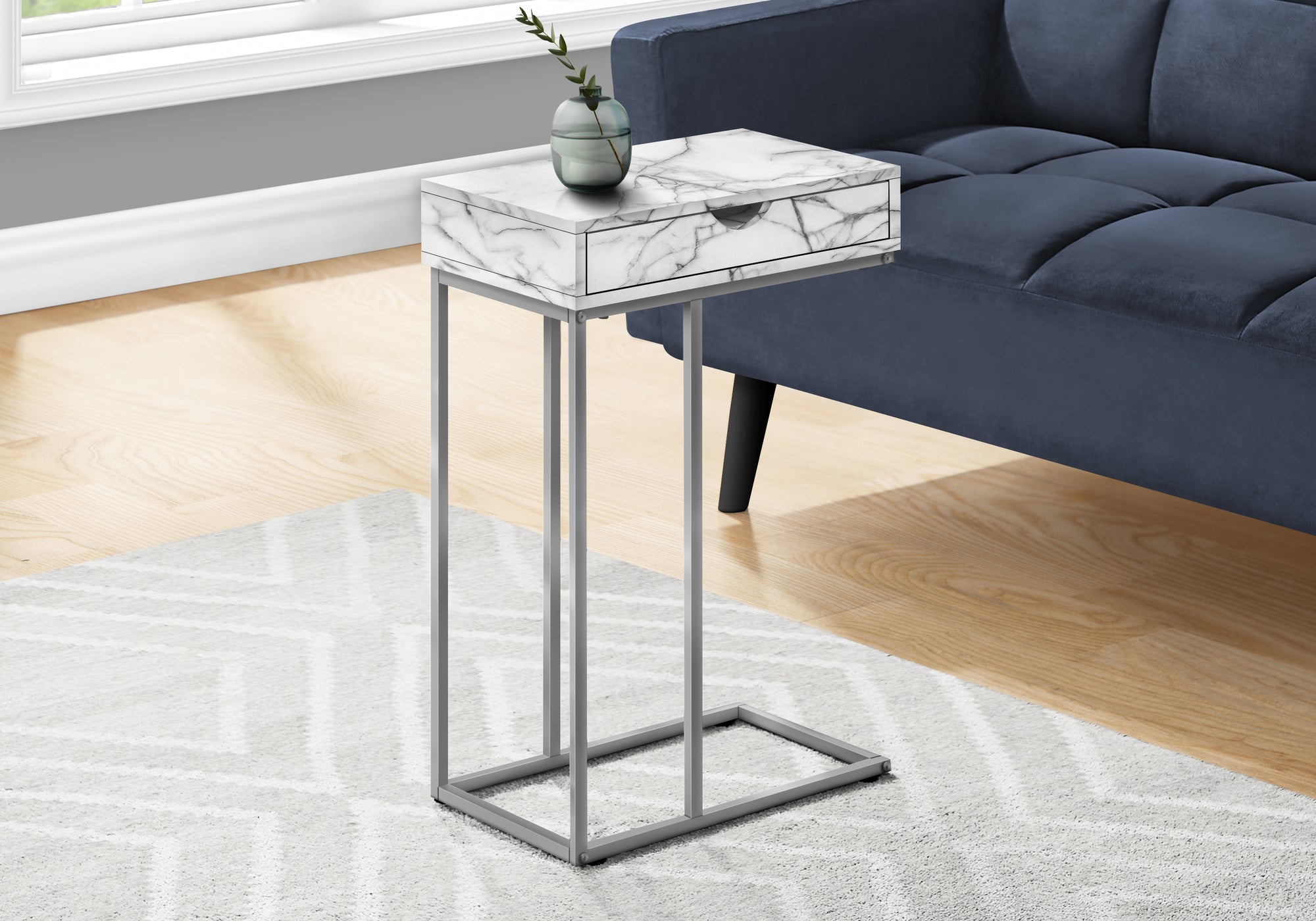 MN-493772    Side Table / C Table - 1 Storage Drawer, Pass-Through / Rectangular - 25"H - White Marble-Look  / Silver
