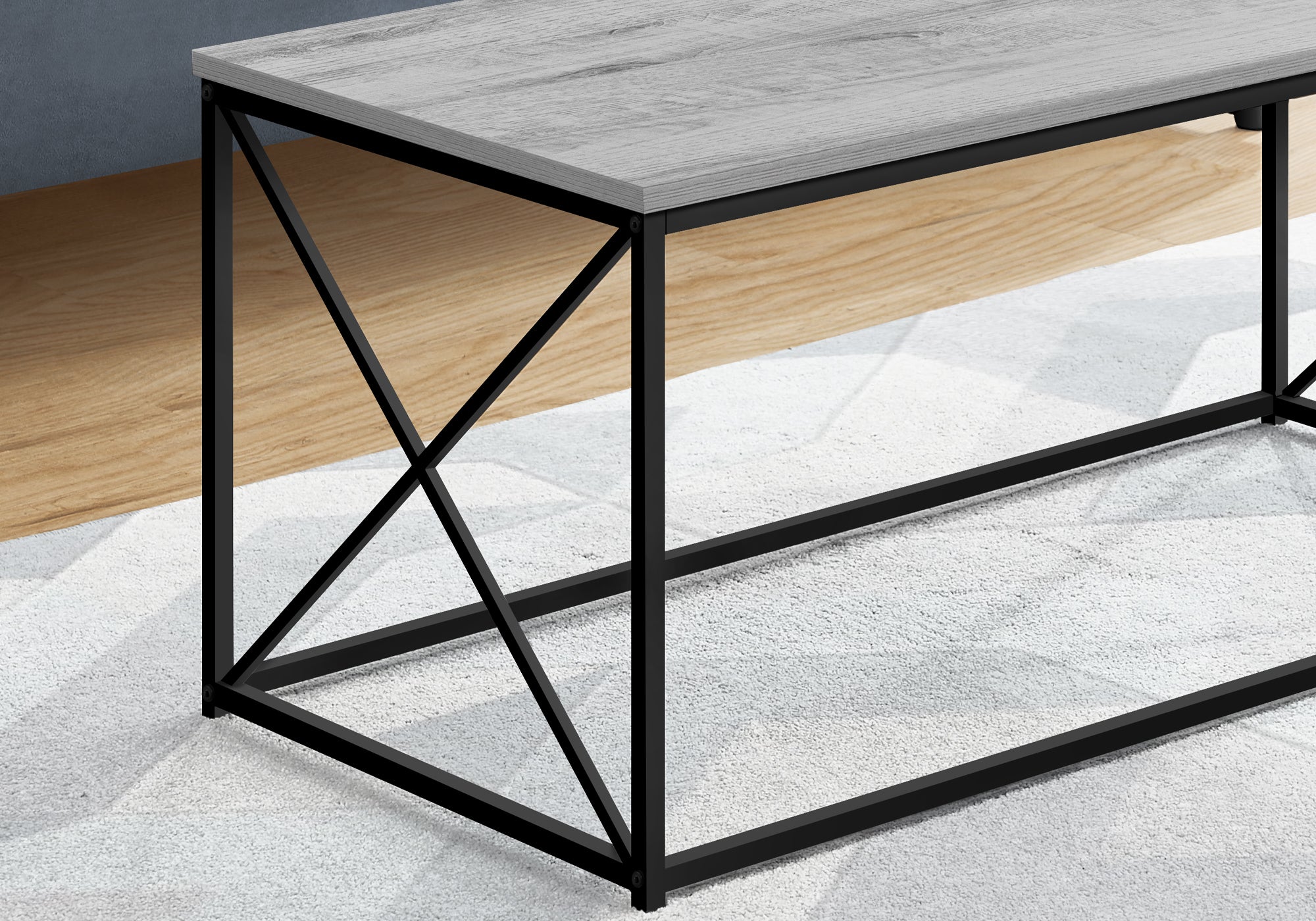 MN-553782    Coffee Table - Rectangular / Metal Base With X-Shaped Sides - 40"L - Grey Wood-Look / Black