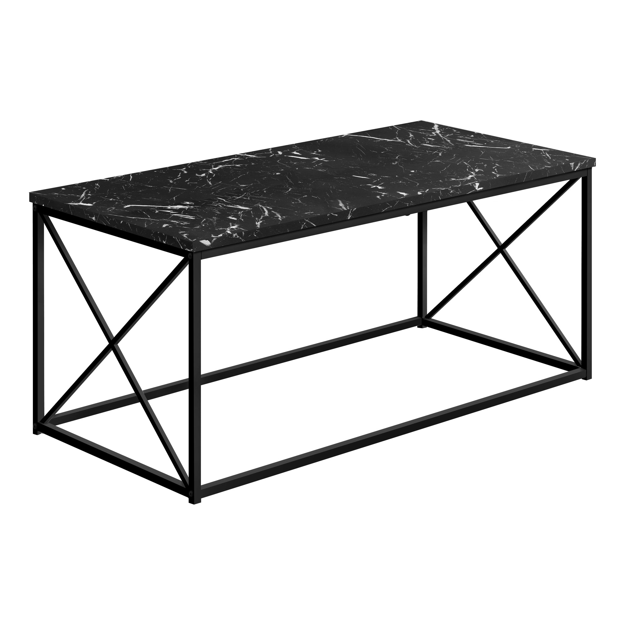MN-563783    Coffee Table - Rectangular / Metal Base With X-Shaped Sides - 40"L - Black Marble-Look / Black