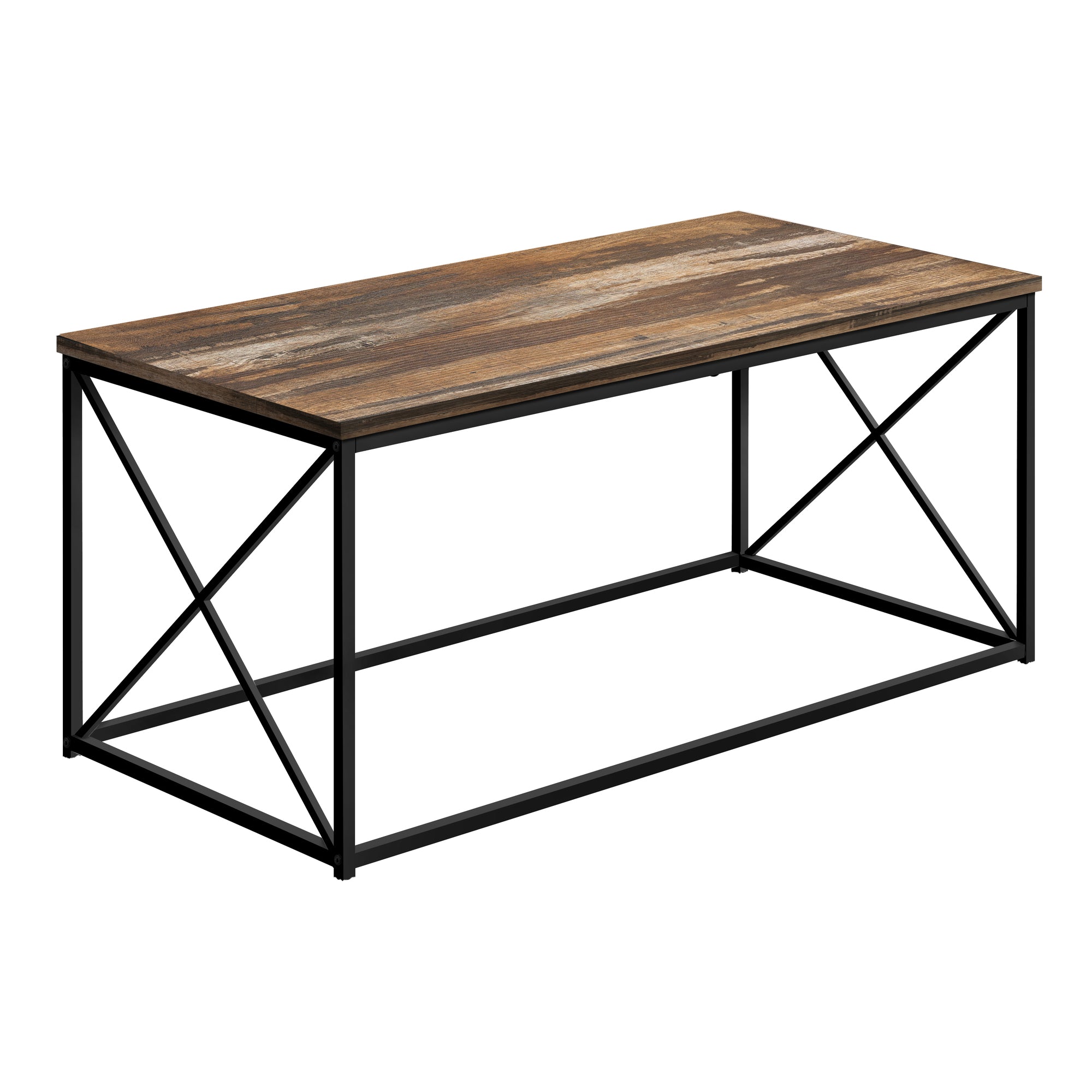 MN-573784    Coffee Table - Rectangular / Metal Base With X-Shaped Sides - 40"L - Medium Brown Reclaimed Wood-Look  / Black
