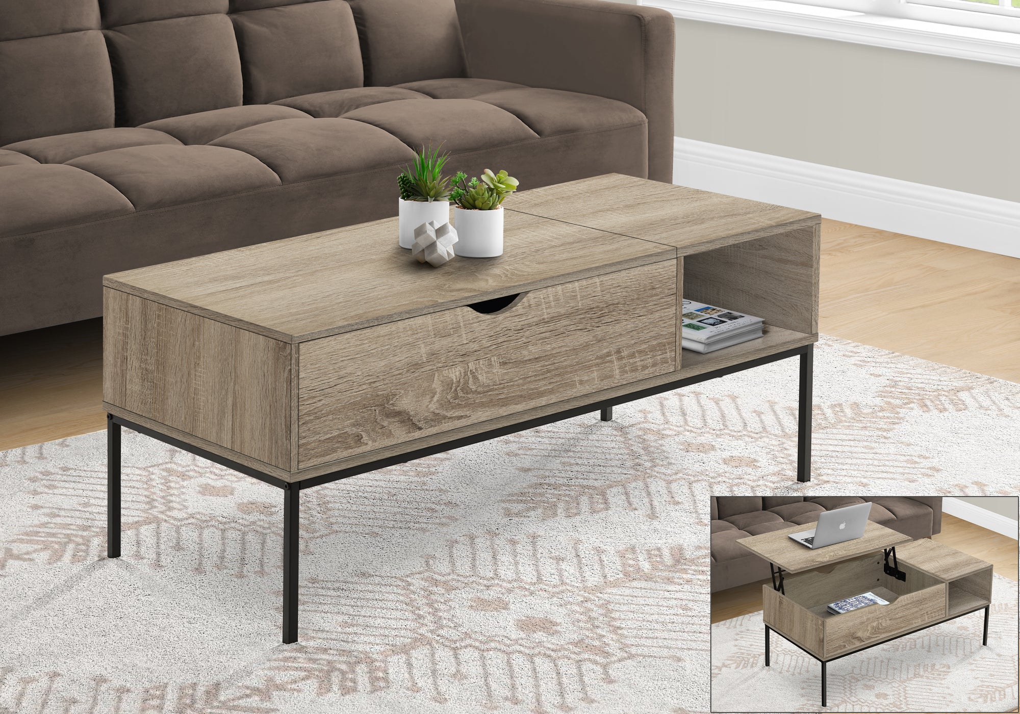 MN-693806    Coffee Table, 42" L, Rectangular, Cocktail, Lift-top, Dark Taupe, Black Metal, Contemporary, Modern