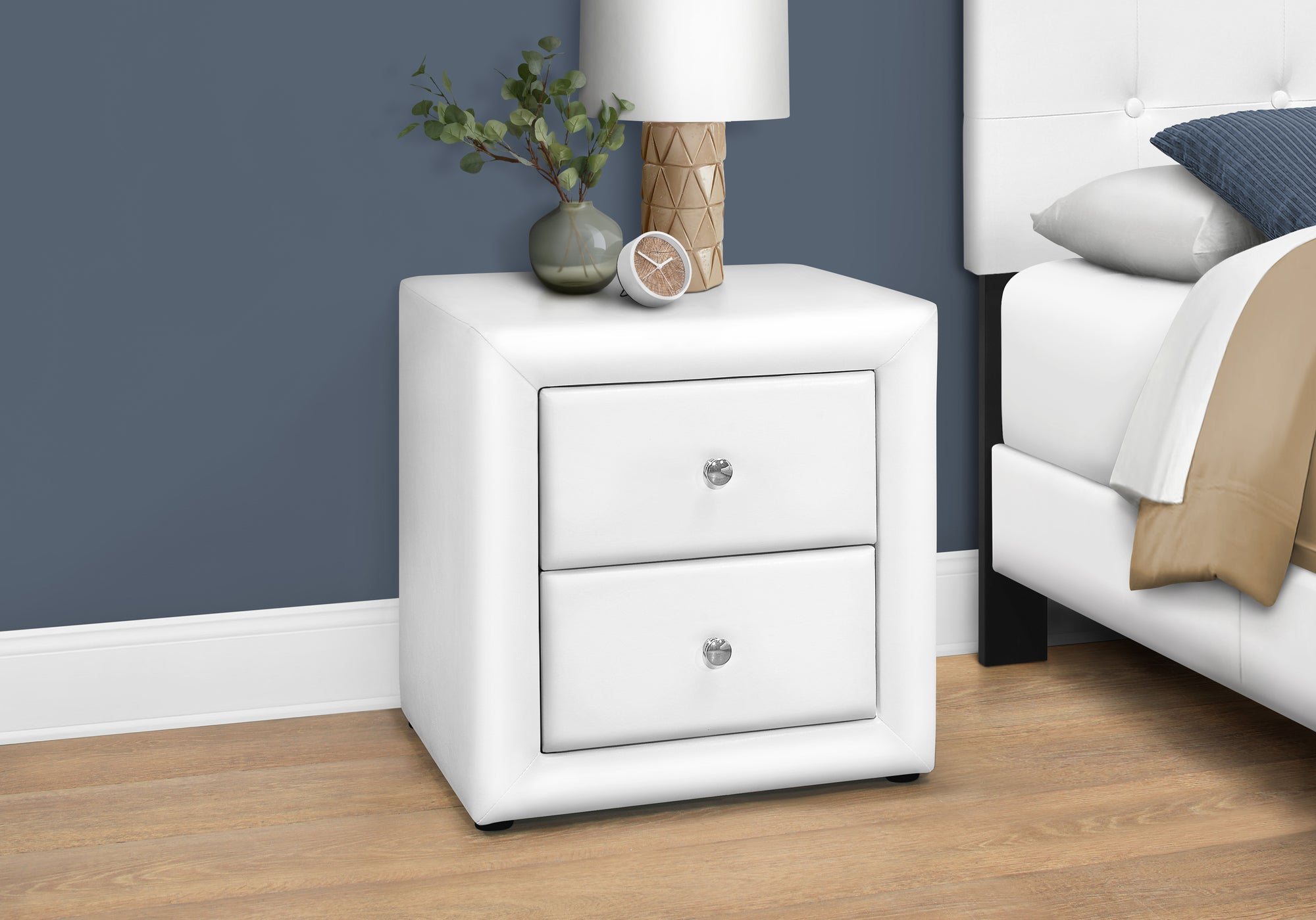 MN-775600    Nightstand - Upholstered / 2 Storage Drawers - 21"H - White Leather-Look