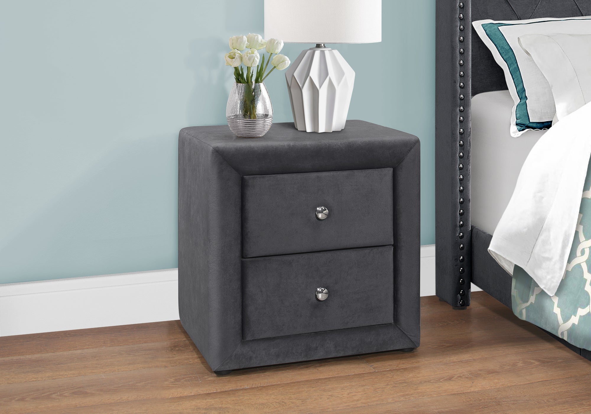 MN-855607    Nightstand - Upholstered / 2 Storage Drawers - 21"H - Dark Grey Velvet