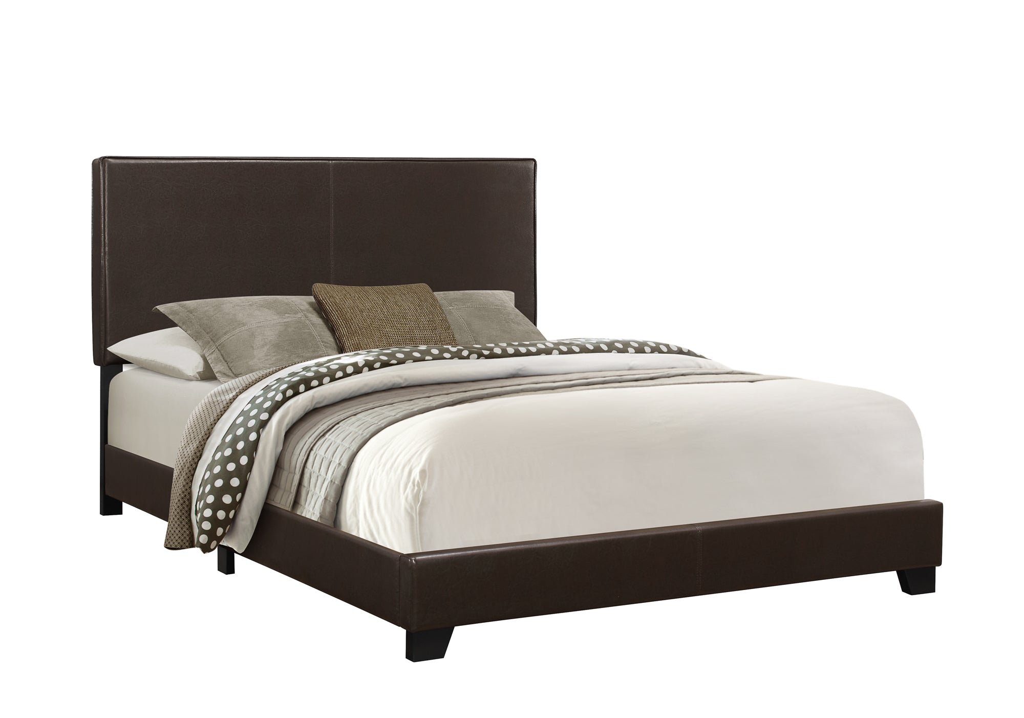 MN-875910Q    Bed, Frame, Platform, Bedroom, Queen Size, Upholstered, Leather Look, Wood Legs, Dark Brown, Black, Contemporary, Modern