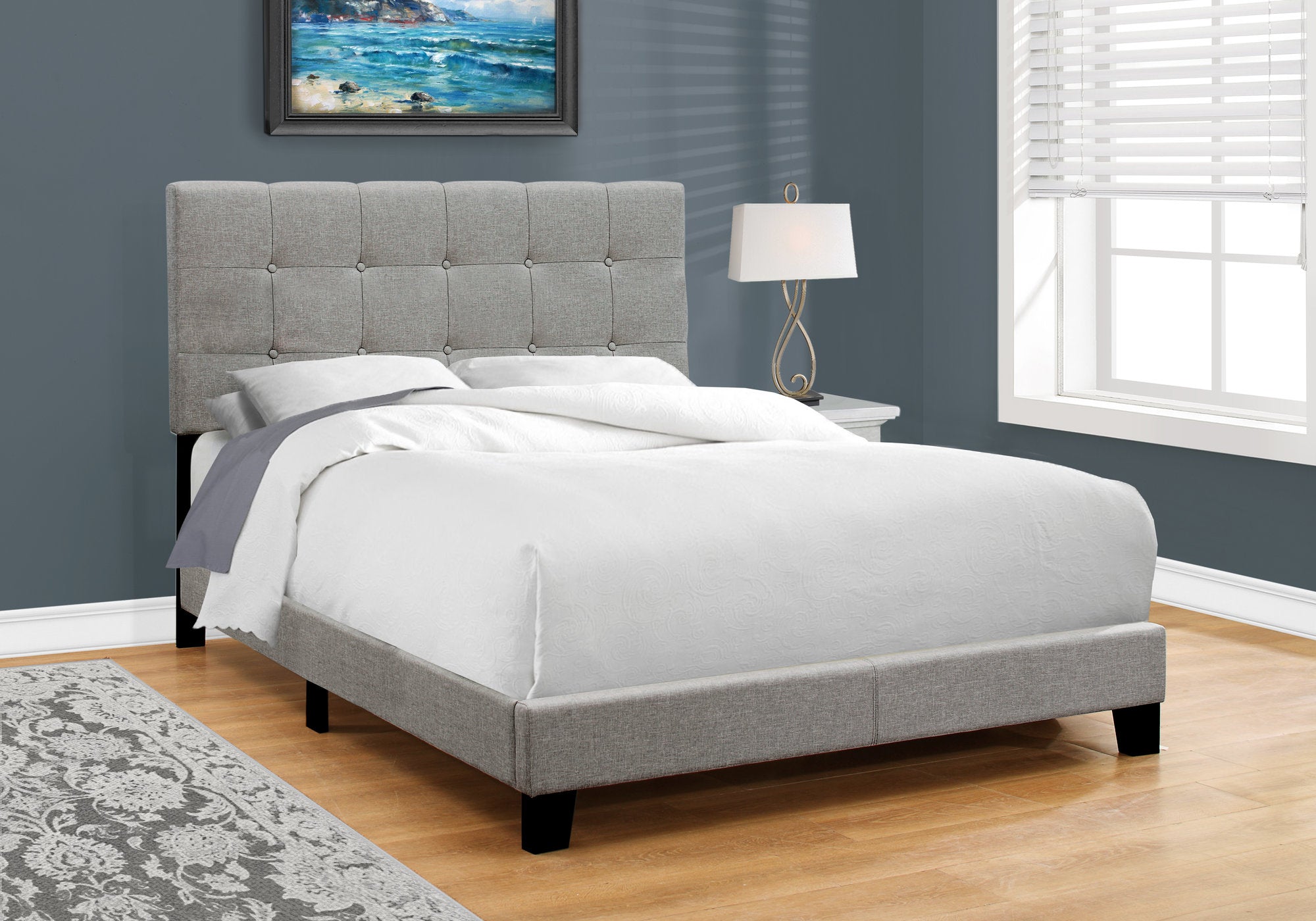 MN-925920F    Bed, Frame, Platform, Bedroom, Full Size, Upholstered, Linen Look Fabric, Wood Legs, Grey, Black, Contemporary, Modern