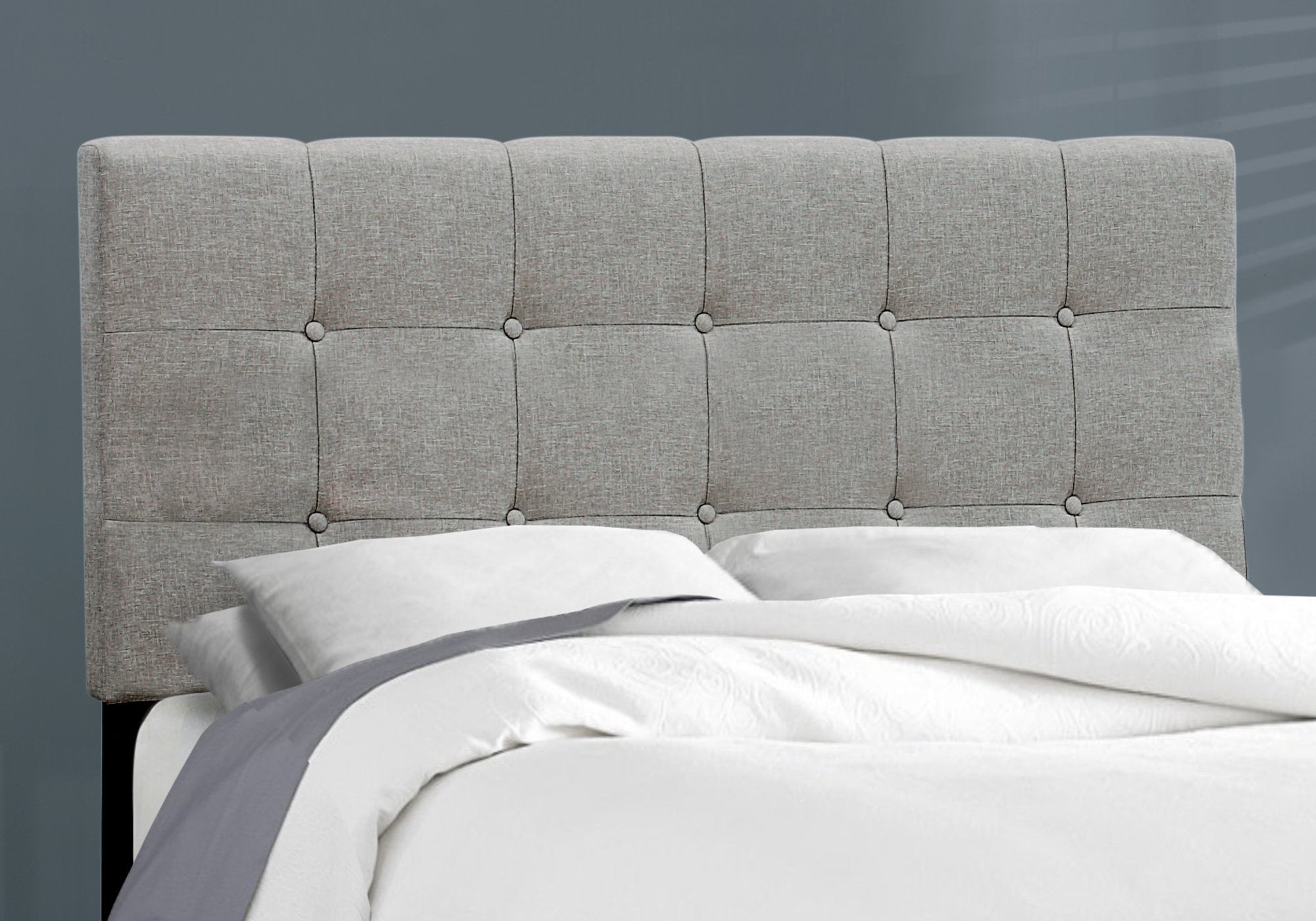 MN-925920F    Bed, Frame, Platform, Bedroom, Full Size, Upholstered, Linen Look Fabric, Wood Legs, Grey, Black, Contemporary, Modern