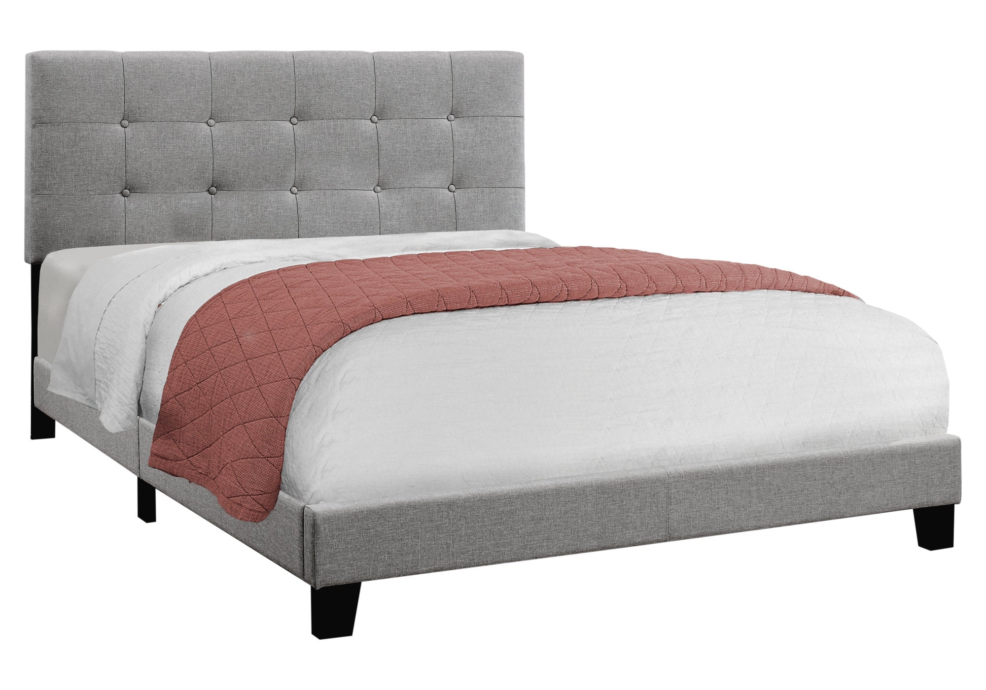 MN-935920Q    Bed, Frame, Platform, Bedroom, Queen Size, Upholstered, Linen Look Fabric, Wood Legs, Grey, Black, Contemporary, Modern