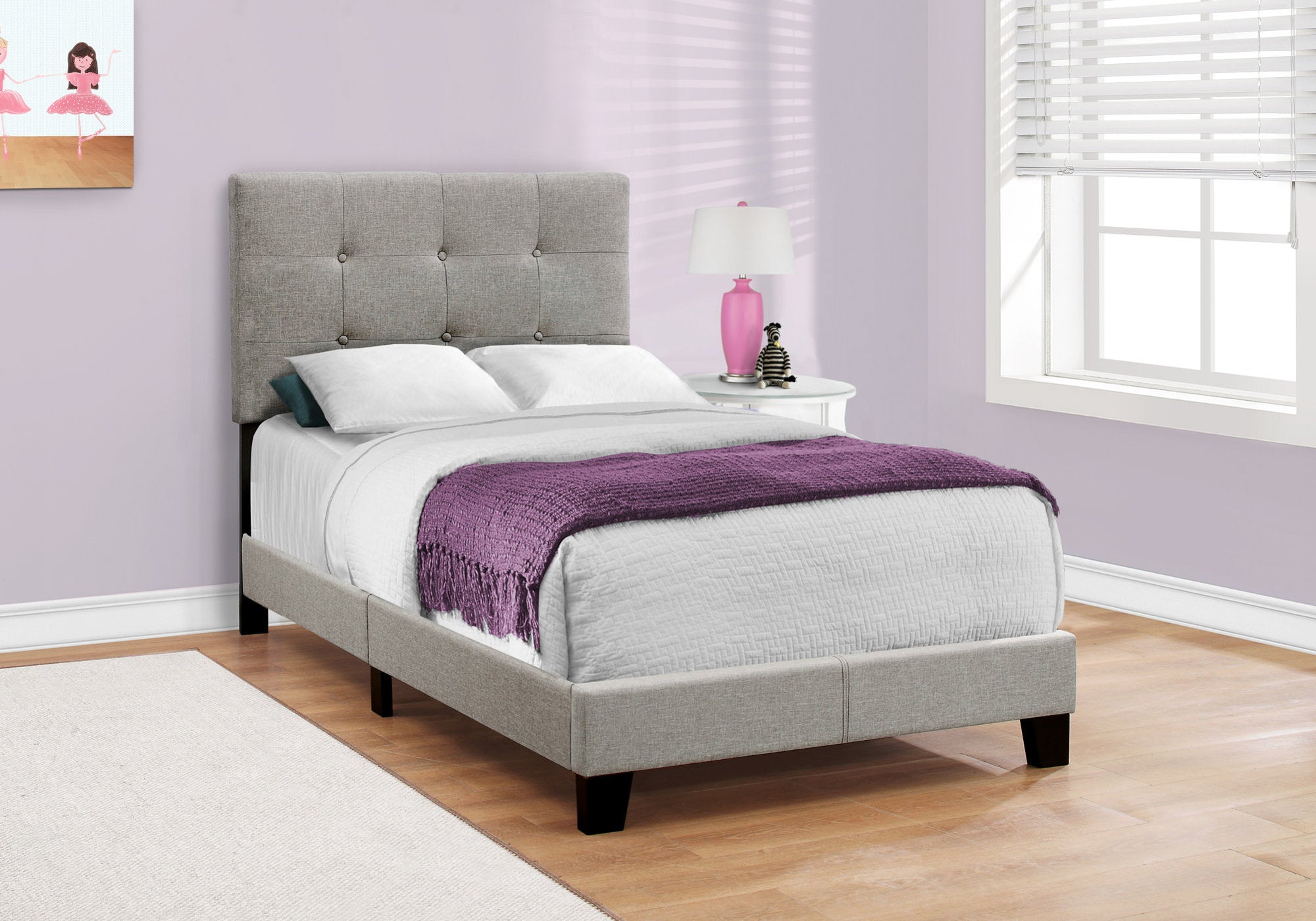 MN-945920T    Bed, Frame, Platform, Teen, Bedroom, Upholstered, Twin Size, Linen Look Fabric, Wood Legs, Grey, Black, Contemporary, Modern