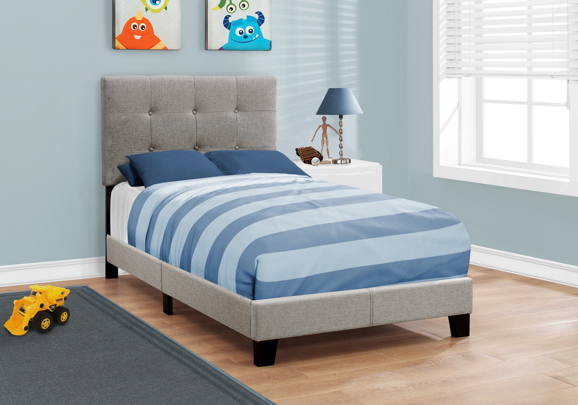 MN-945920T    Bed, Frame, Platform, Teen, Bedroom, Upholstered, Twin Size, Linen Look Fabric, Wood Legs, Grey, Black, Contemporary, Modern