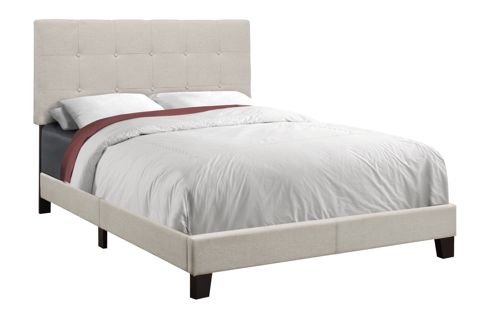 MN-955921F    Bed, Frame, Platform, Bedroom, Full Size, Upholstered, Linen Look Fabric, Wood Legs, Beige, Black, Contemporary, Modern