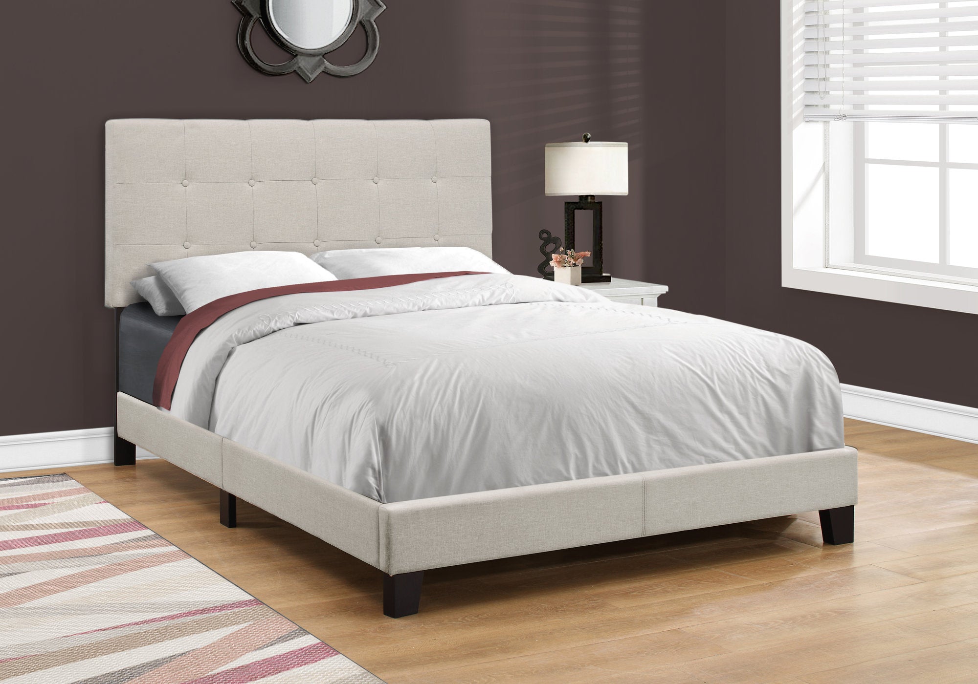 MN-955921F    Bed, Frame, Platform, Bedroom, Full Size, Upholstered, Linen Look Fabric, Wood Legs, Beige, Black, Contemporary, Modern