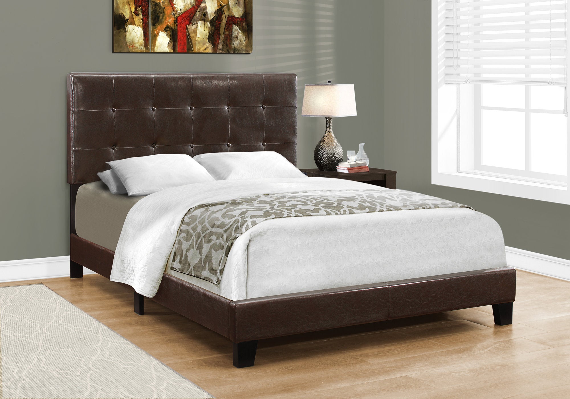 MN-985922F    Bed, Frame, Platform, Bedroom, Full Size, Upholstered, Linen Look Fabric, Wood Legs, Dark Brown, Black, Contemporary, Modern