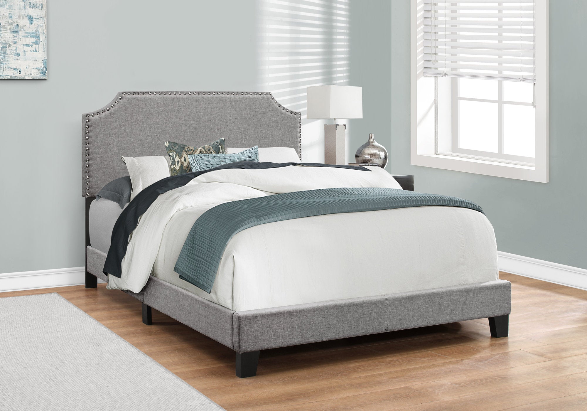 MN-105925F    Bed, Frame, Platform, Bedroom, Full Size, Upholstered, Linen Look Fabric, Wood Legs, Grey, Black, Transitional