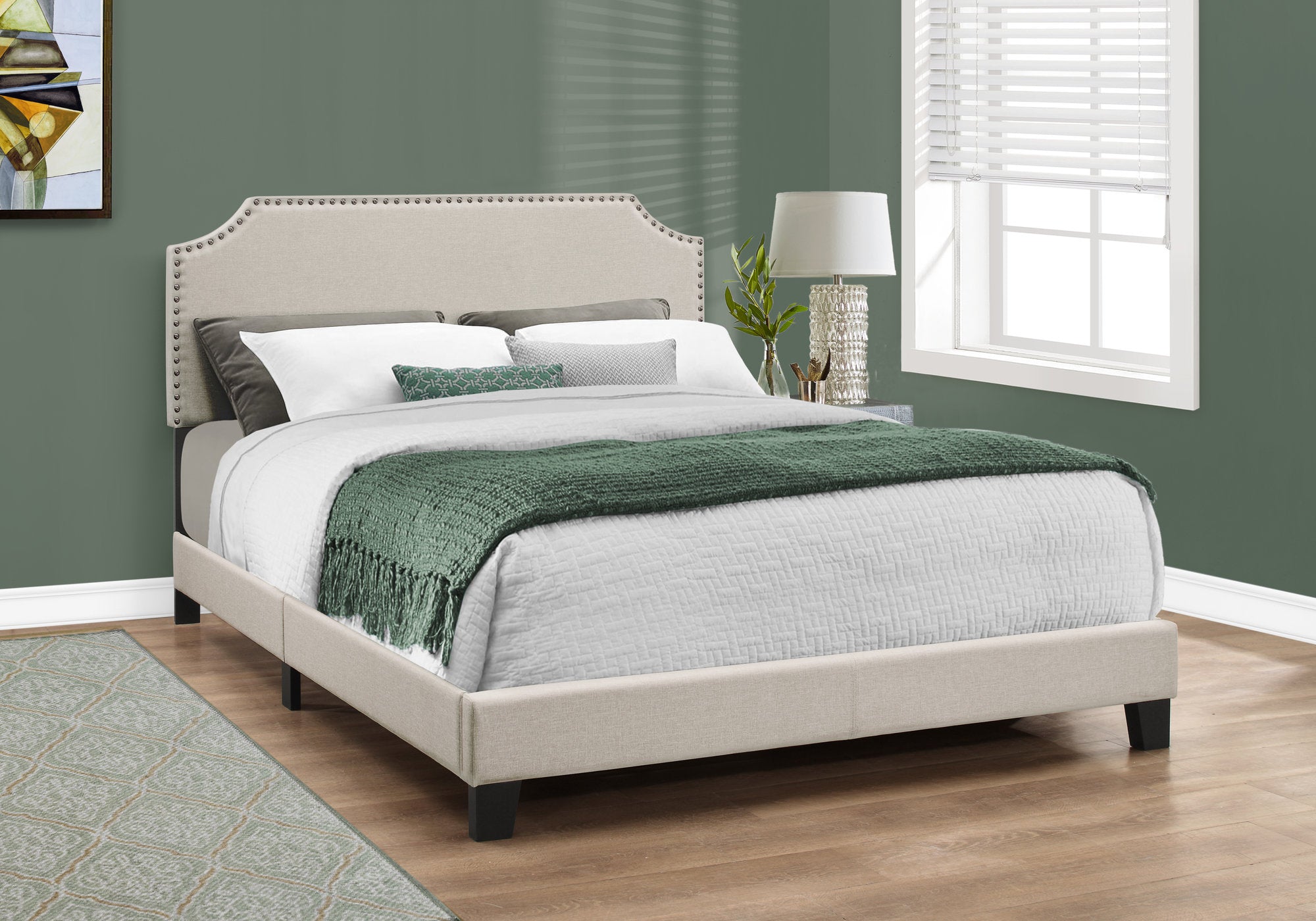 MN-125926Q    Bed, Frame, Platform, Bedroom, Queen Size, Upholstered, Linen Look Fabric, Wood Legs, Beige, Black, Transitional