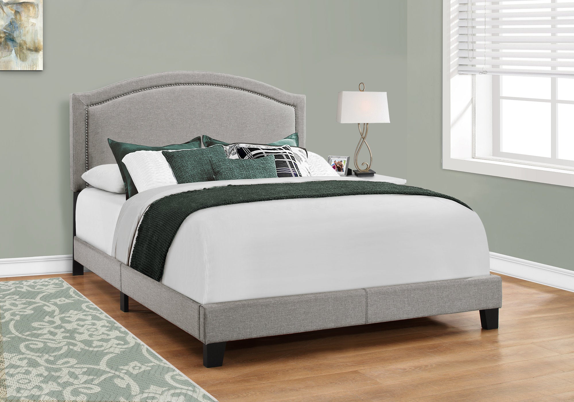 MN-135936Q    Bed, Frame, Platform, Bedroom, Queen Size, Upholstered, Linen Look Fabric, Wood Legs, Grey, Black, Transitional