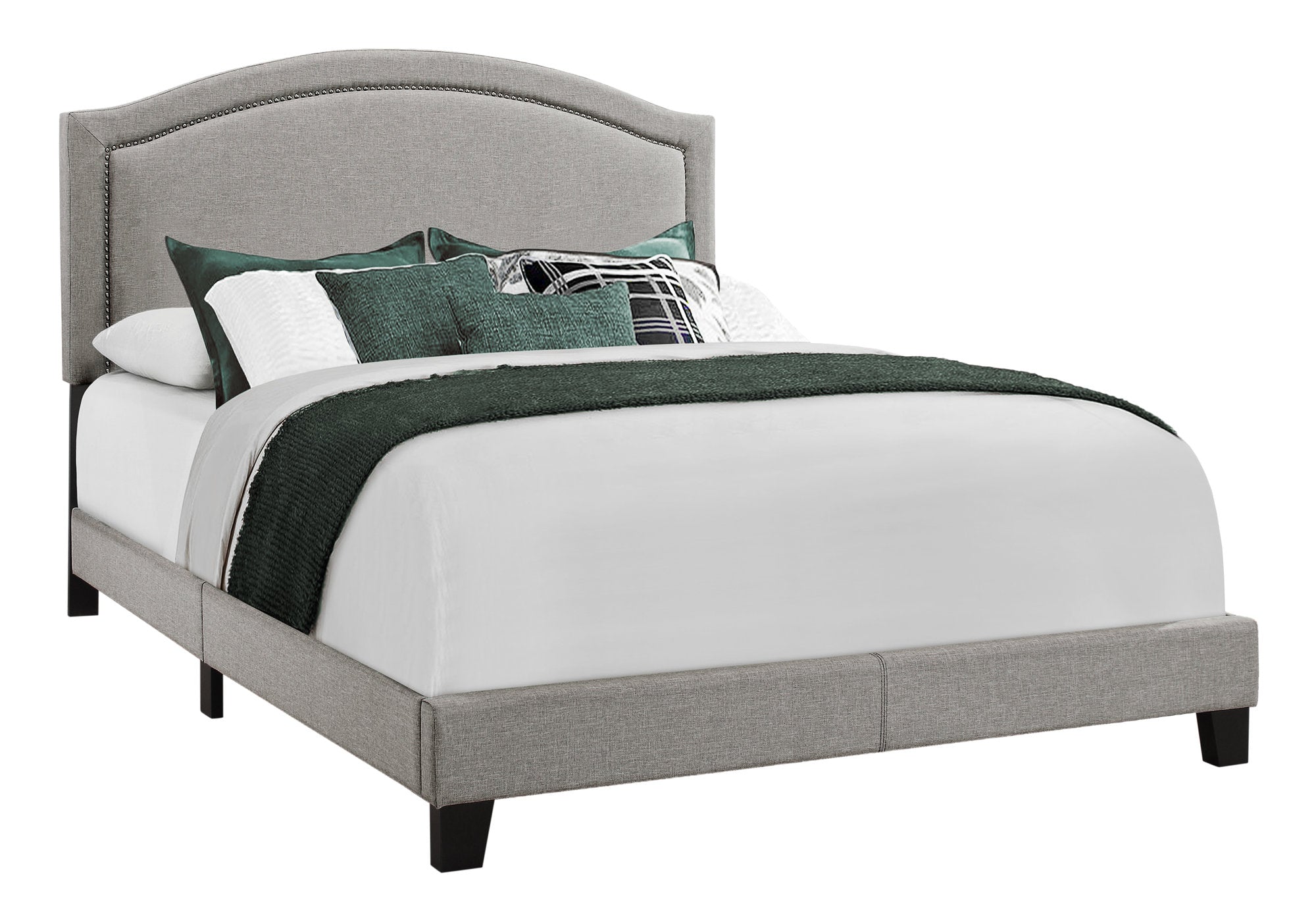 MN-135936Q    Bed, Frame, Platform, Bedroom, Queen Size, Upholstered, Linen Look Fabric, Wood Legs, Grey, Black, Transitional