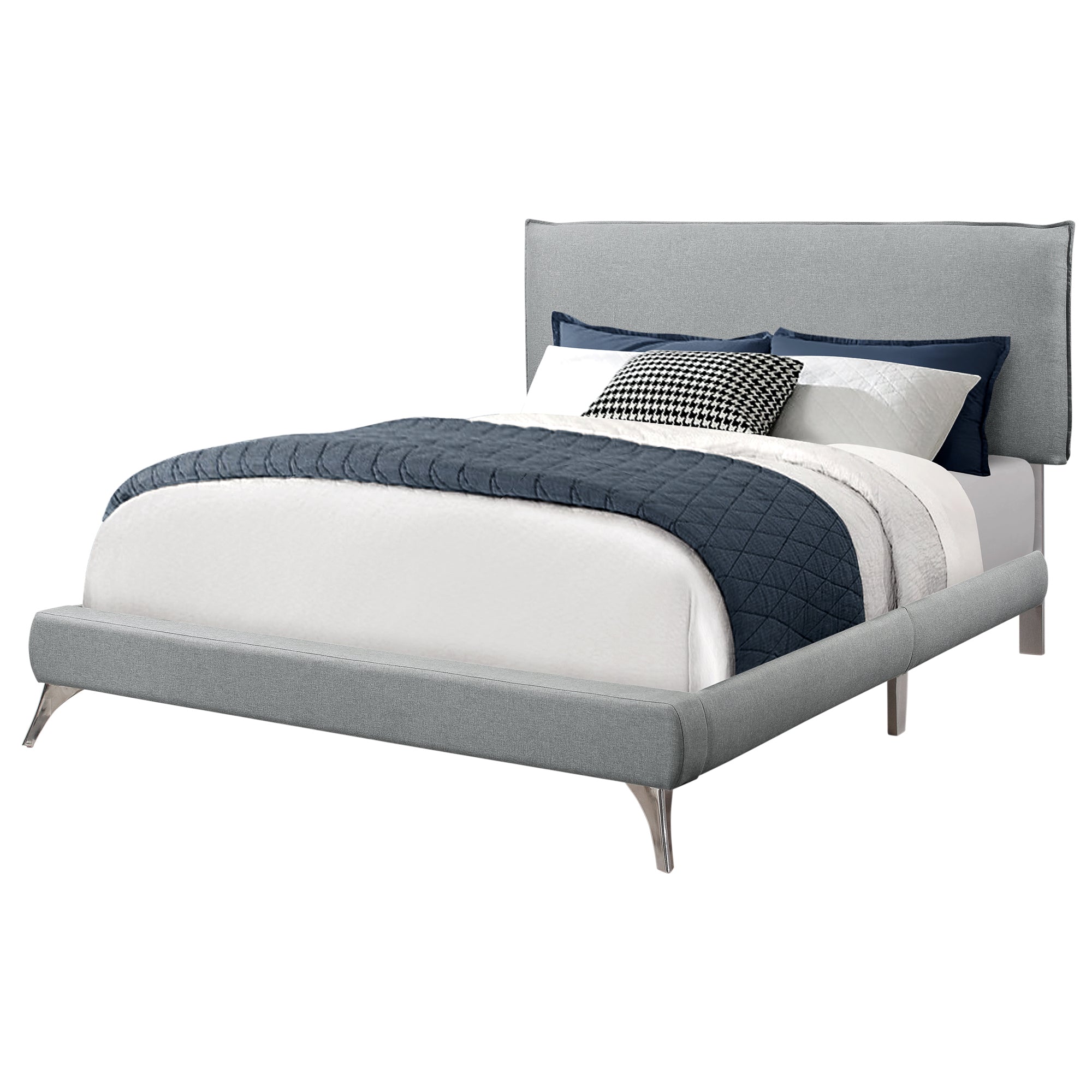 MN-155950Q    Bed, Frame, Platform, Bedroom, Queen Size, Upholstered, Linen Look Fabric, Metal Legs, Grey, Chrome, Contemporary, Modern