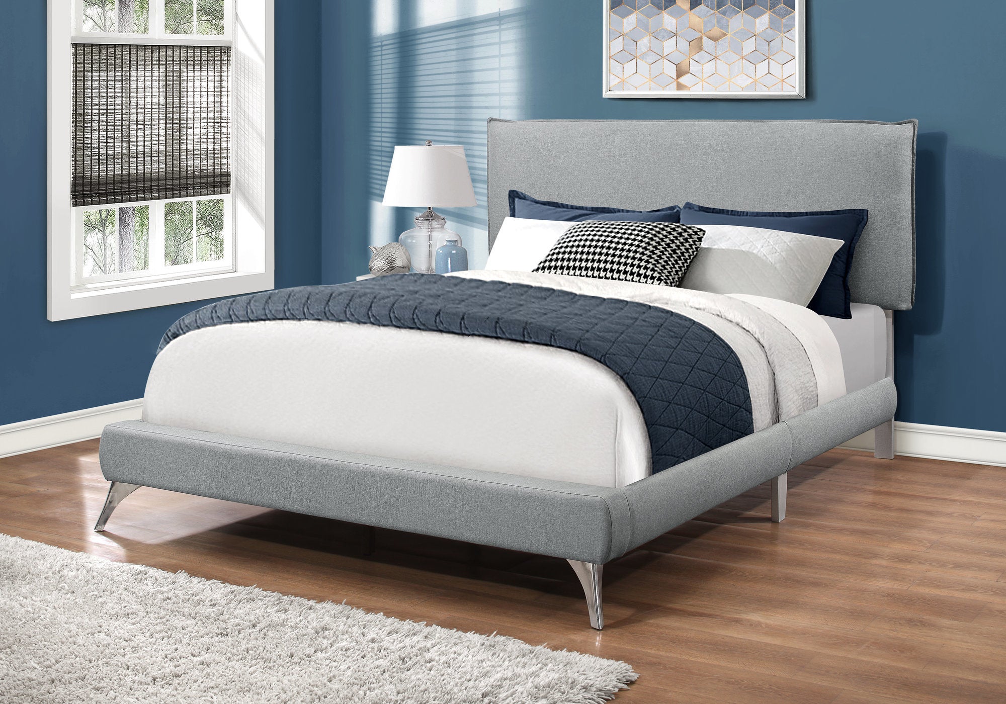 MN-155950Q    Bed, Frame, Platform, Bedroom, Queen Size, Upholstered, Linen Look Fabric, Metal Legs, Grey, Chrome, Contemporary, Modern