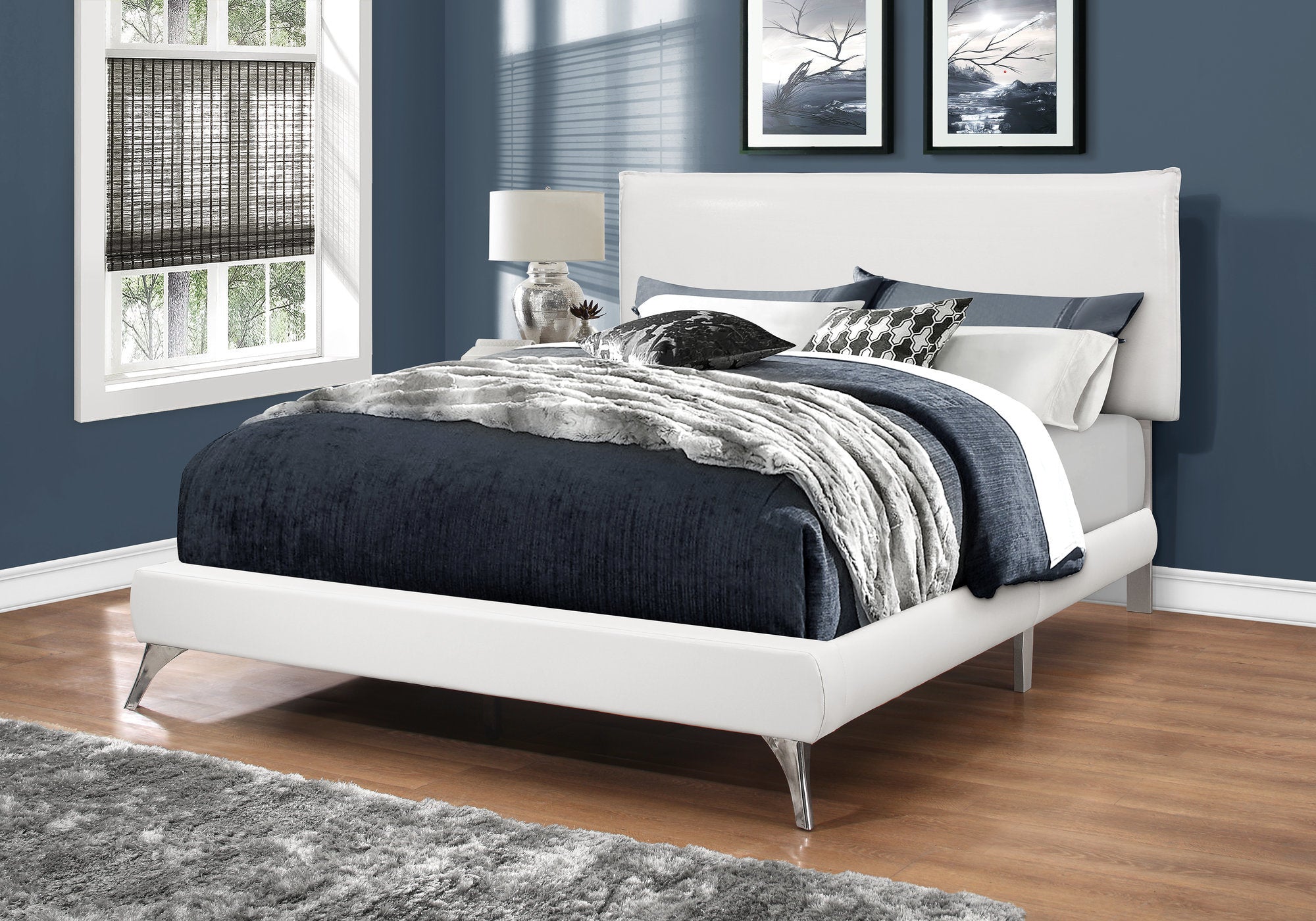 MN-165953Q    Bed, Frame, Platform, Bedroom, Queen Size, Upholstered, Linen Look Fabric, Metal Legs, White, Chrome, Contemporary, Modern