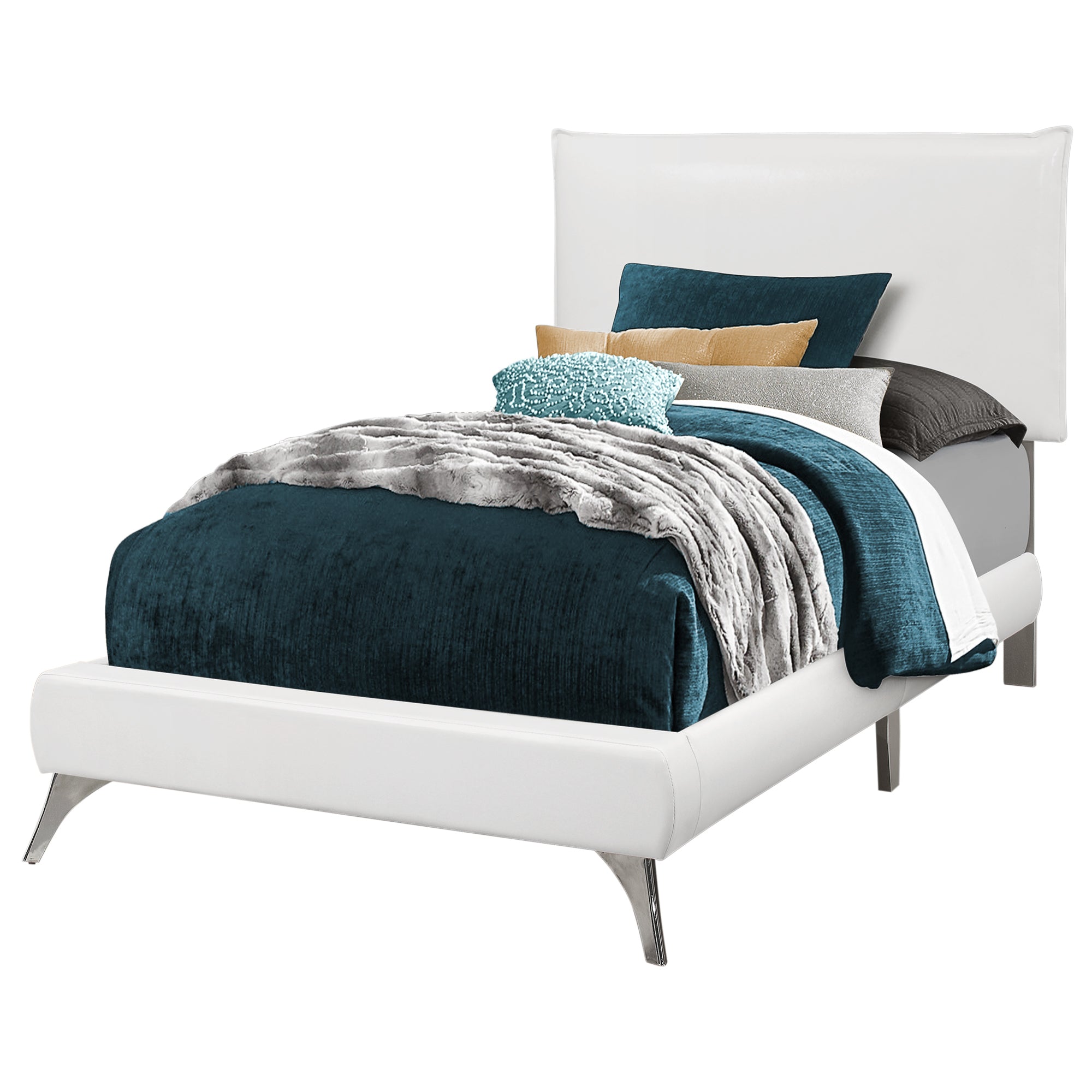 MN-175953T    Bed, Frame, Platform, Teen, Bedroom, Upholstered, Twin Size, Leather Look, Metal Legs, White, Chrome, Contemporary, Modern