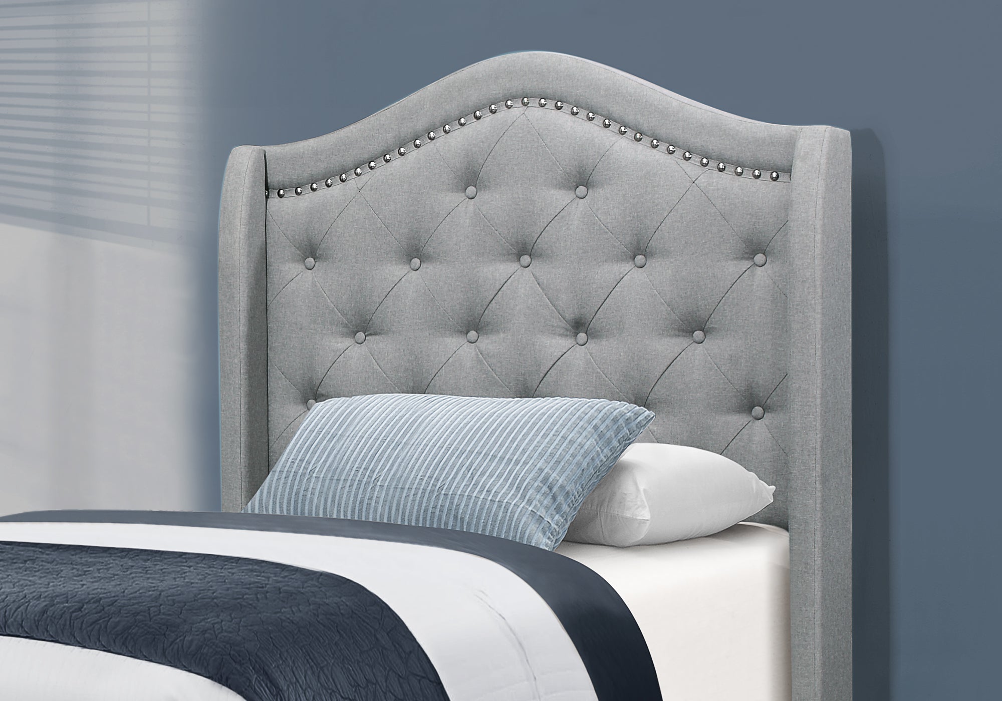 MN-195966T    Bed, Frame, Platform, Teen, Bedroom, Upholstered, Twin Size, Velvet Fabric, Wood Legs, Grey, Black, Classic, Contemporary, Modern