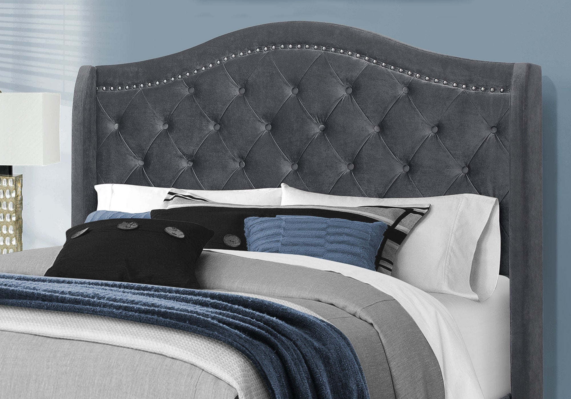 MN-225968Q    Bed, Frame, Platform, Bedroom, Queen Size, Upholstered, Velvet Fabric, Wood Legs, Dark Grey, Black, Classic, Contemporary, Modern