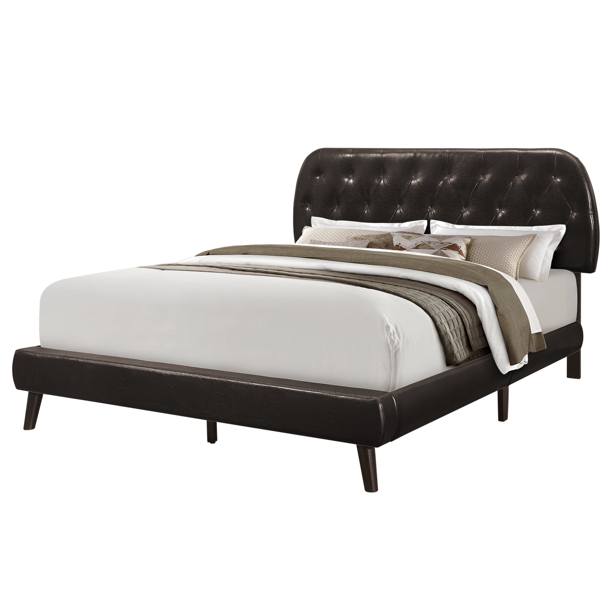 MN-255982Q    Bed, Frame, Platform, Bedroom, Queen Size, Upholstered, Leather Look, Wood Legs, Dark Brown, Black, Contemporary, Modern
