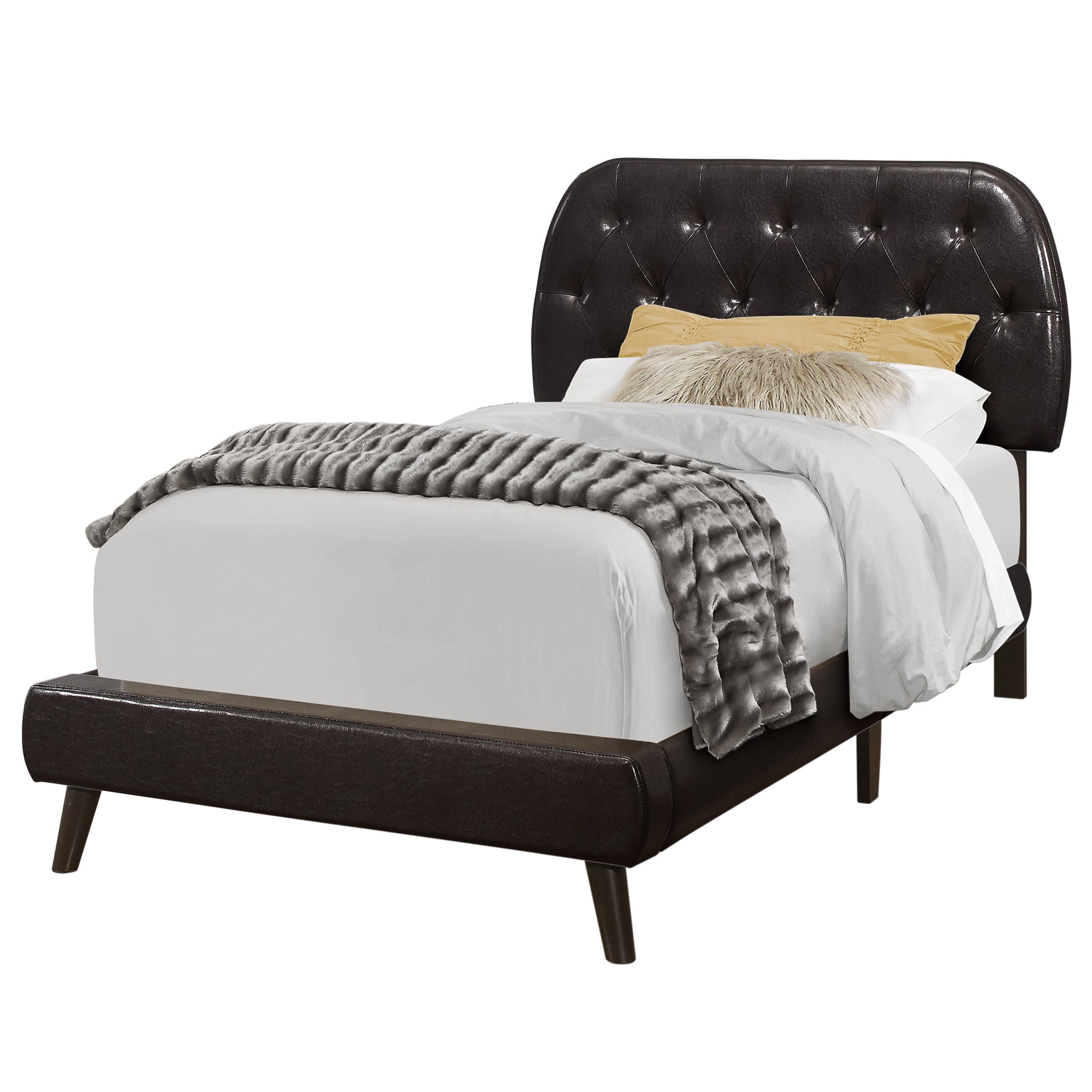 MN-265982T    Bed, Frame, Platform, Teen, Bedroom, Upholstered, Twin Size, Linen Look Fabric, Wood Legs, Dark Brown, Black, Contemporary, Modern