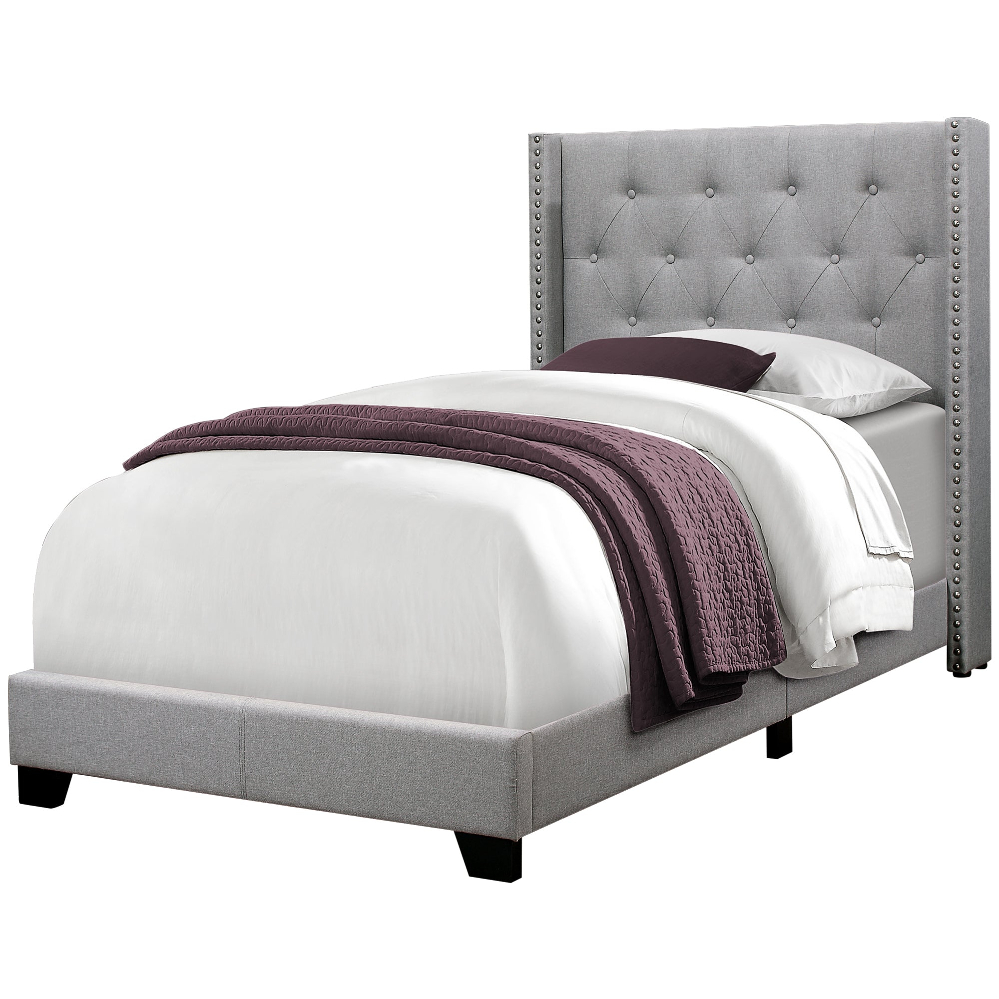 MN-305984T    Bed, Frame, Platform, Teen, Bedroom, Upholstered, Twin Size, Velvet Fabric, Wood Legs, Light Grey, Black, Classic, Contemporary, Modern