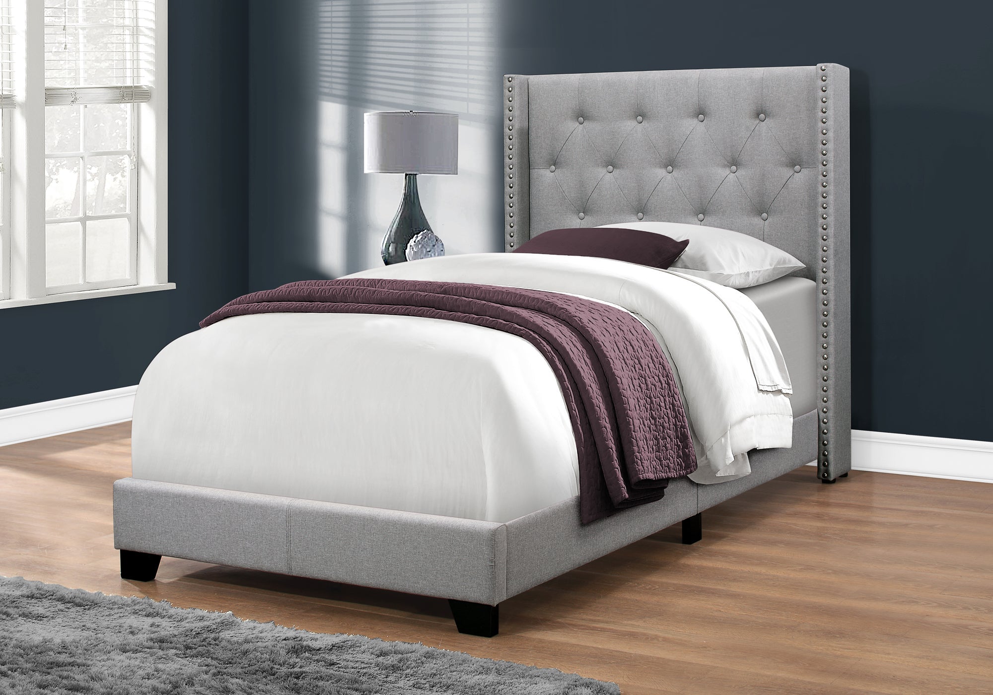 MN-305984T    Bed, Frame, Platform, Teen, Bedroom, Upholstered, Twin Size, Velvet Fabric, Wood Legs, Light Grey, Black, Classic, Contemporary, Modern