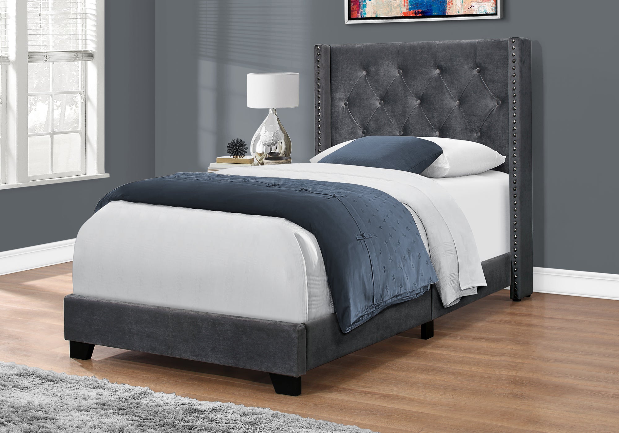 MN-335986T    Bed, Frame, Platform, Teen, Bedroom, Upholstered, Twin Size, Velvet Fabric, Wood Legs, Dark Grey, Black, Classic, Contemporary, Modern