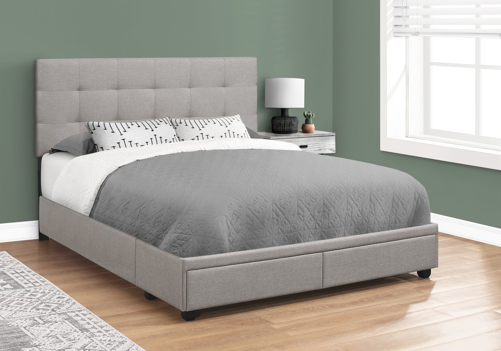MN-596020Q    Bed, Frame, Platform, Bedroom, Queen Size, Upholstered, Linen Look Fabric, Wood Legs, Grey, Black, Contemporary, Modern