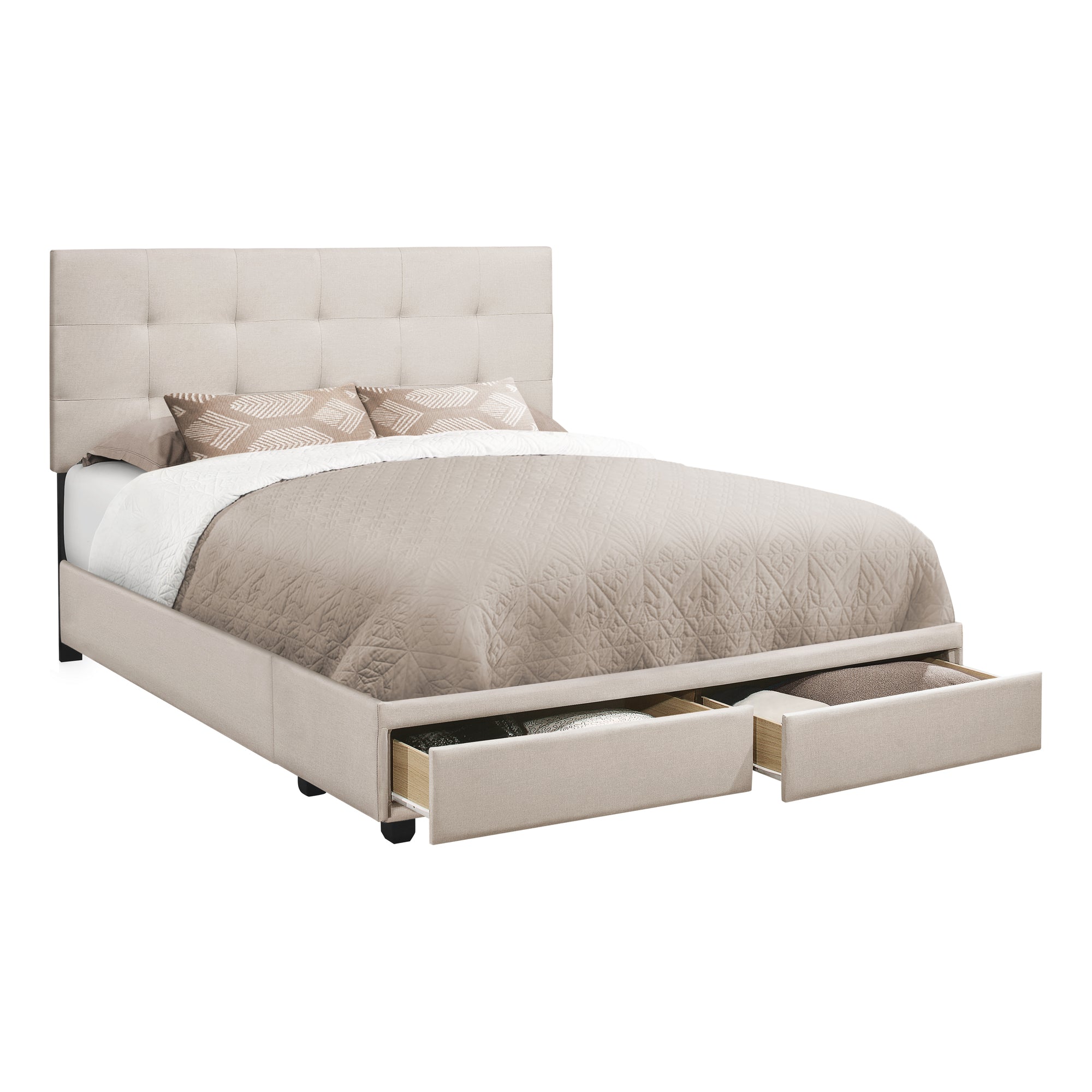 MN-606021Q    Bed, Frame, Platform, Bedroom, Queen Size, Upholstered, Linen Look Fabric, Wood Legs, Beige, Black, Contemporary, Modern