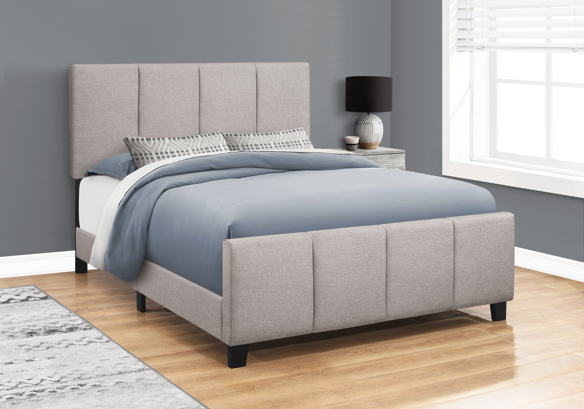 MN-626025Q    Bed, Frame, Platform, Bedroom, Queen Size, Upholstered, Linen Look Fabric, Wood Legs, Grey, Black, Contemporary, Modern