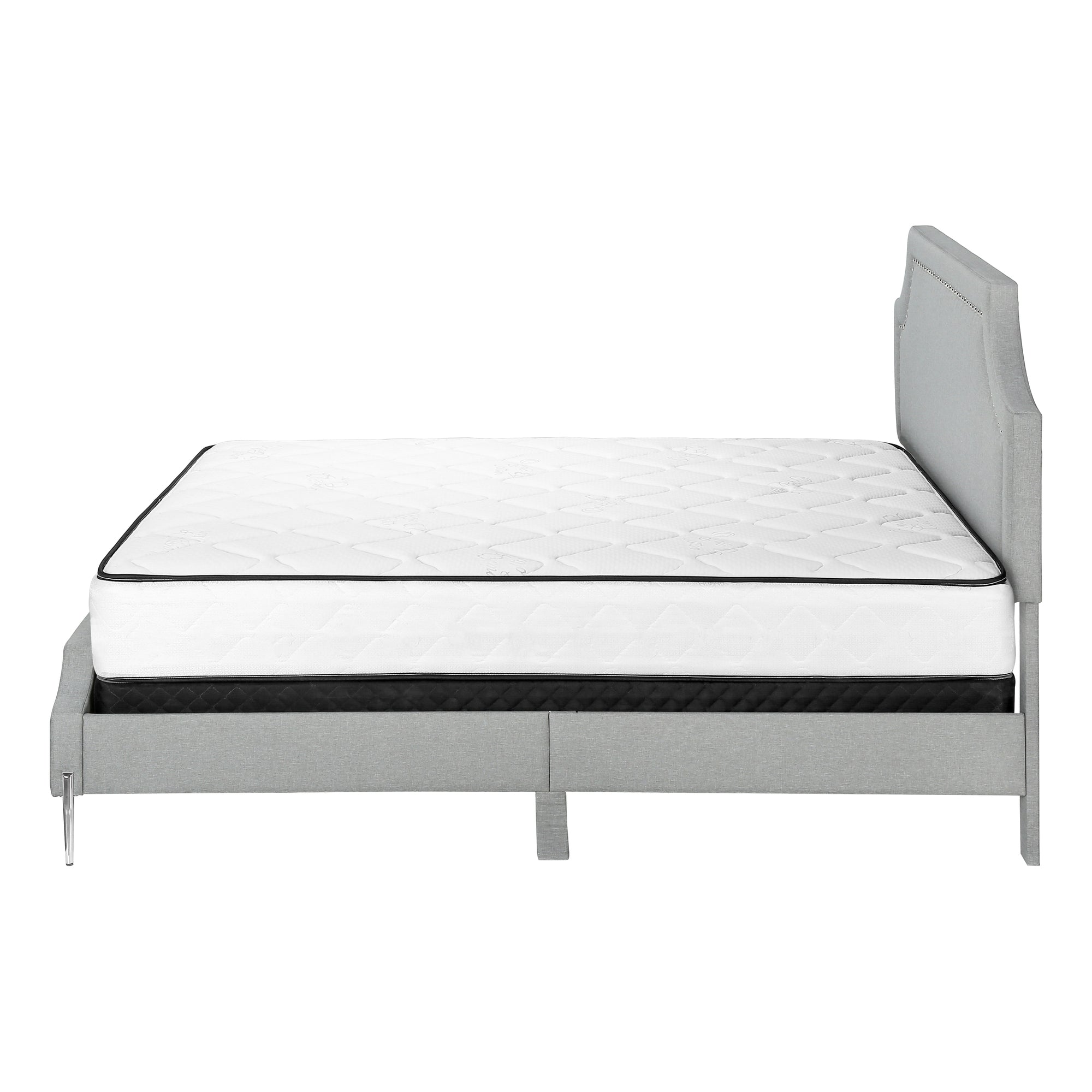 MN-896035Q    Bed, Queen Size, Bedroom, Upholstered, Grey Linen Look, Chrome Metal Legs, Transitional