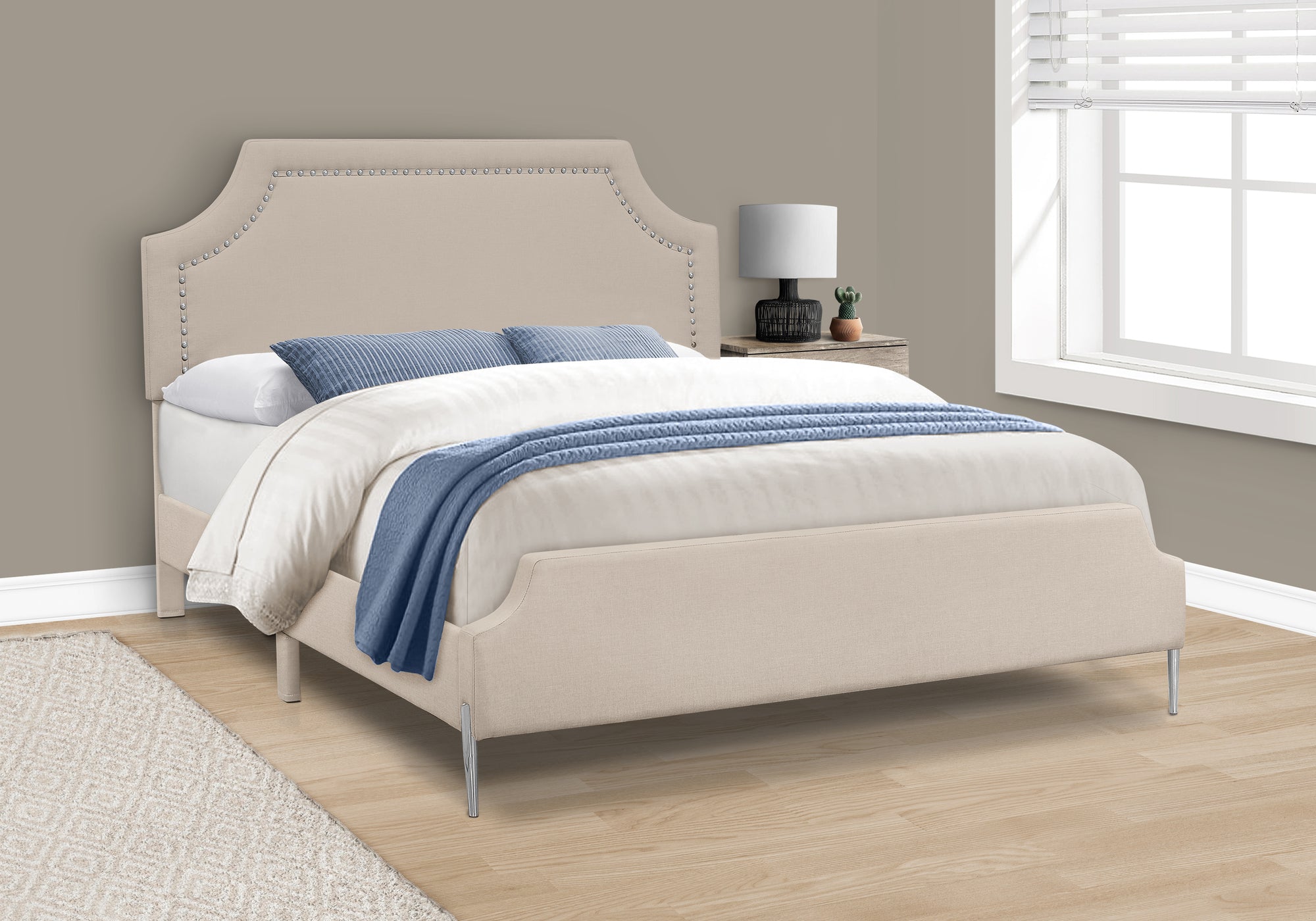 MN-906036Q    Bed, Queen Size, Bedroom, Upholstered, Beige Linen Look, Chrome Metal Legs, Transitional