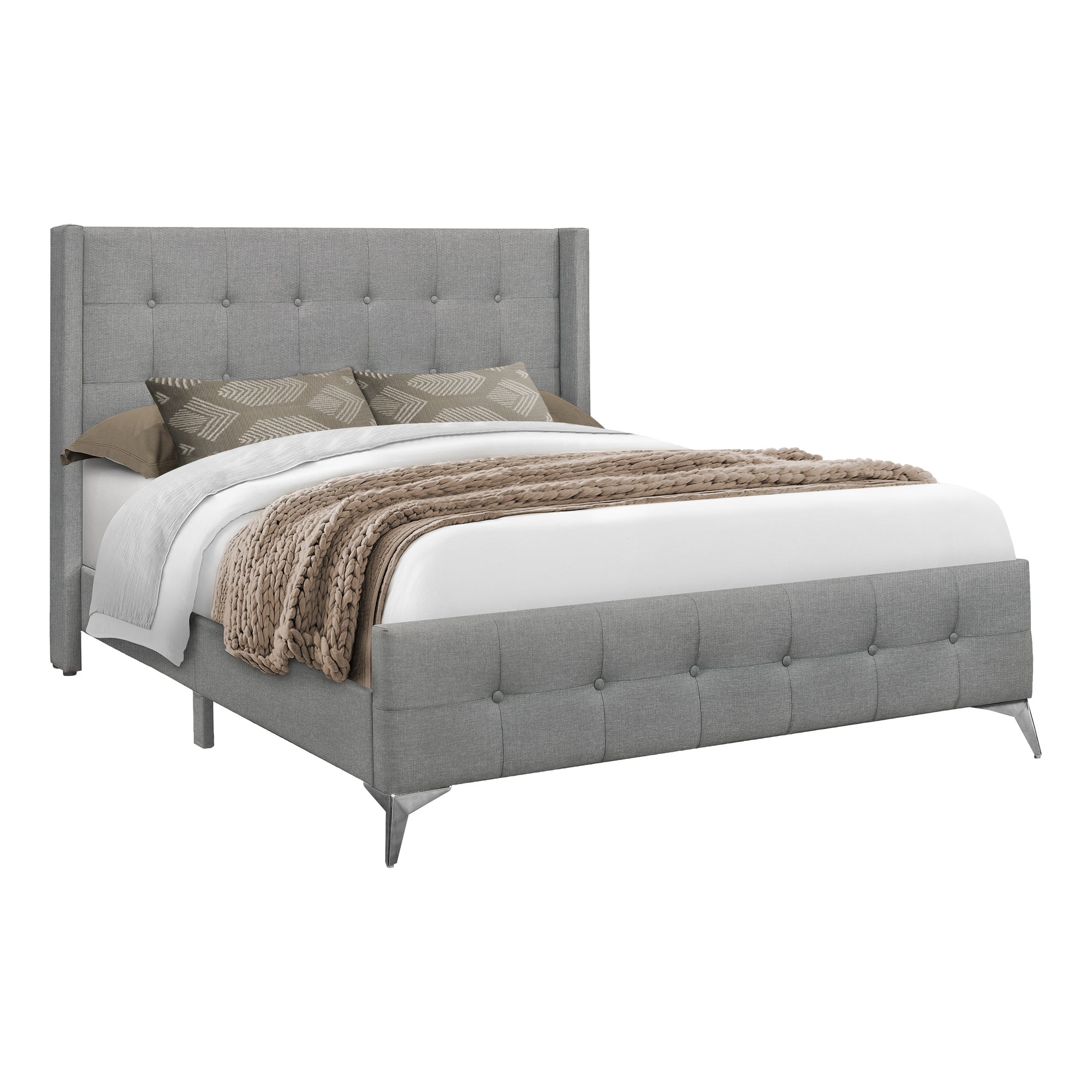 MN-916040Q    Bed, Queen Size, Bedroom, Upholstered, Grey Linen Look, Chrome Metal Legs