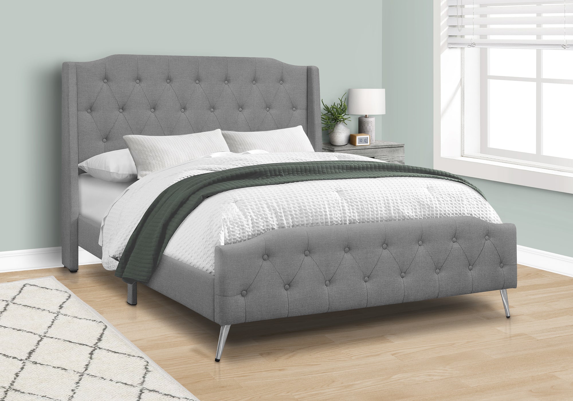 MN-946045Q    Bed, Queen Size, Bedroom, Upholstered, Grey Linen Look, Chrome Metal Legs, Transitional
