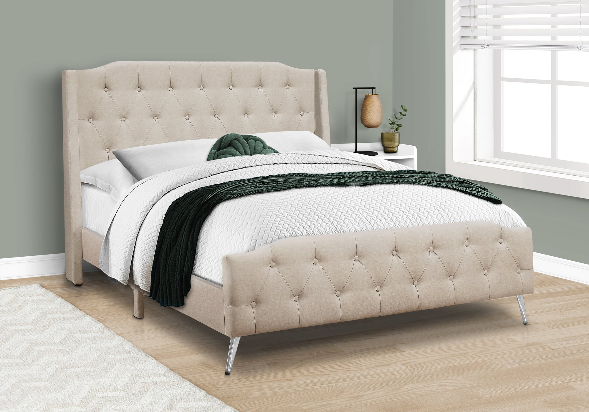 MN-956046Q    Bed, Queen Size, Bedroom, Upholstered, Beige Linen Look, Chrome Metal Legs, Transitional