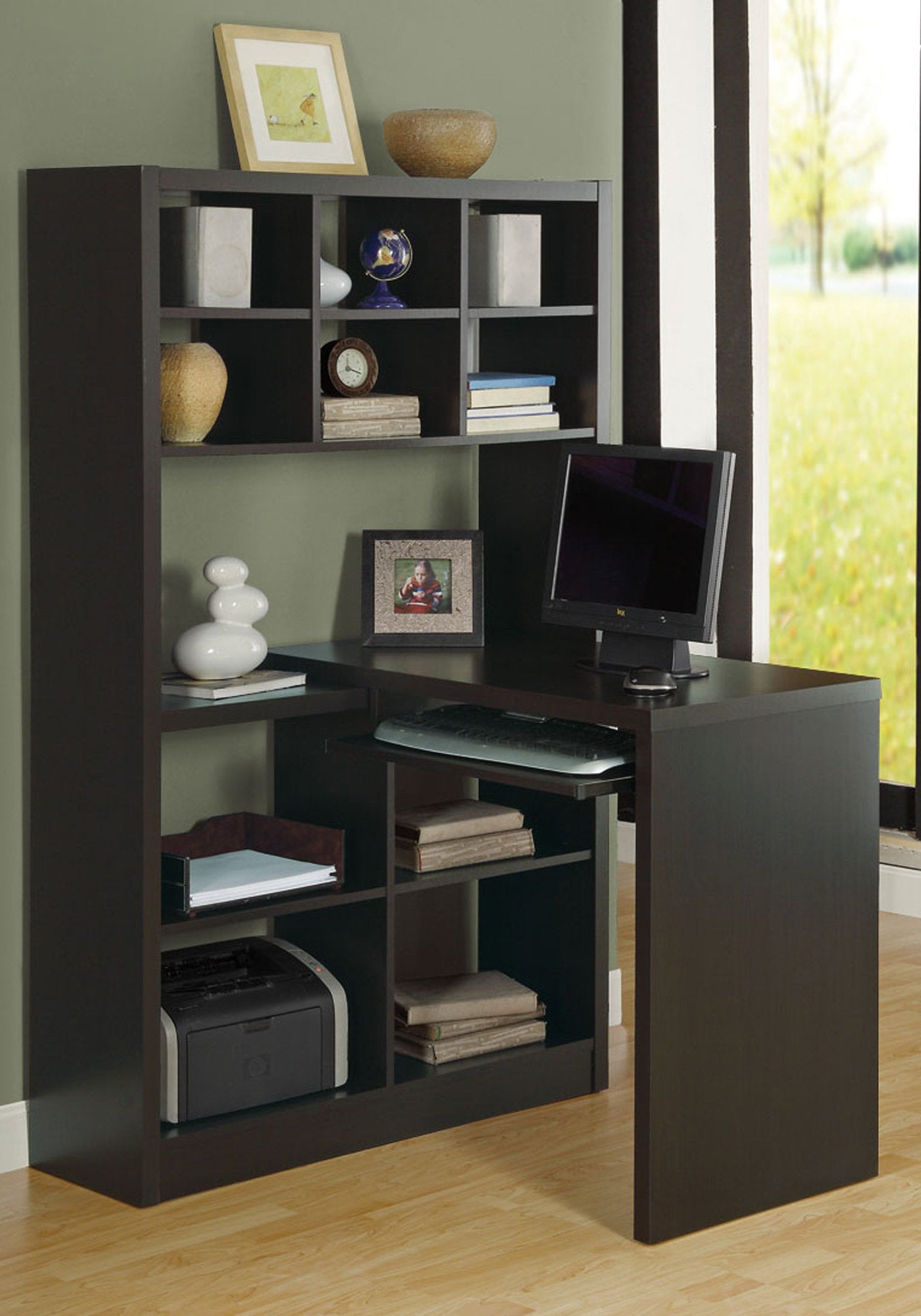 MN-707021    Computer Desk, Home Office, Bookcase, Corner, Storage Shelves, Left, Right Set-Up, L Shape, Laminate, Dark Brown, Contemporary, Modern