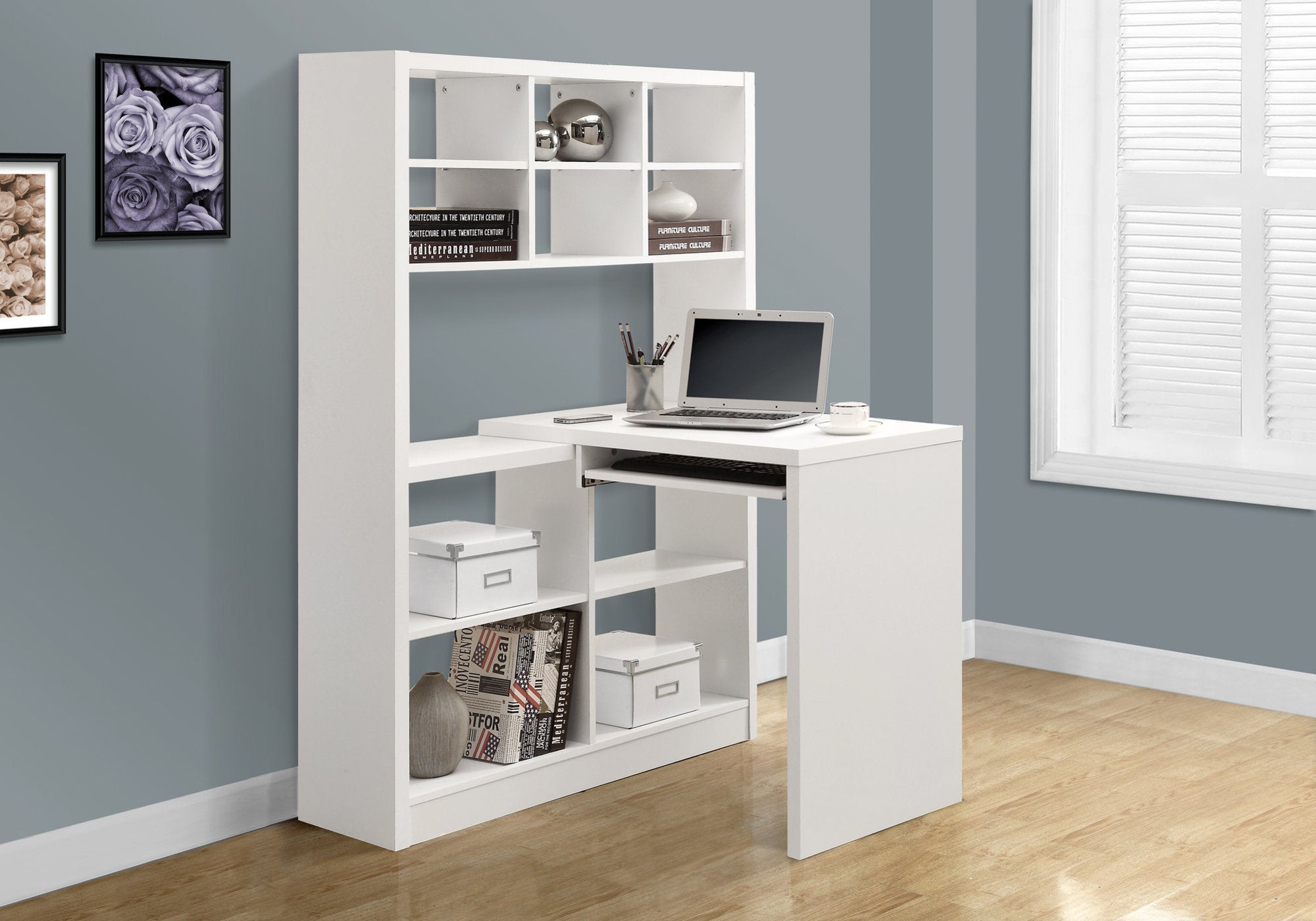MN-717022    Computer Desk, Home Office, Bookcase, Corner, Storage Shelves, Left, Right Set-Up, L Shape, Laminate, White, White, Contemporary, Modern