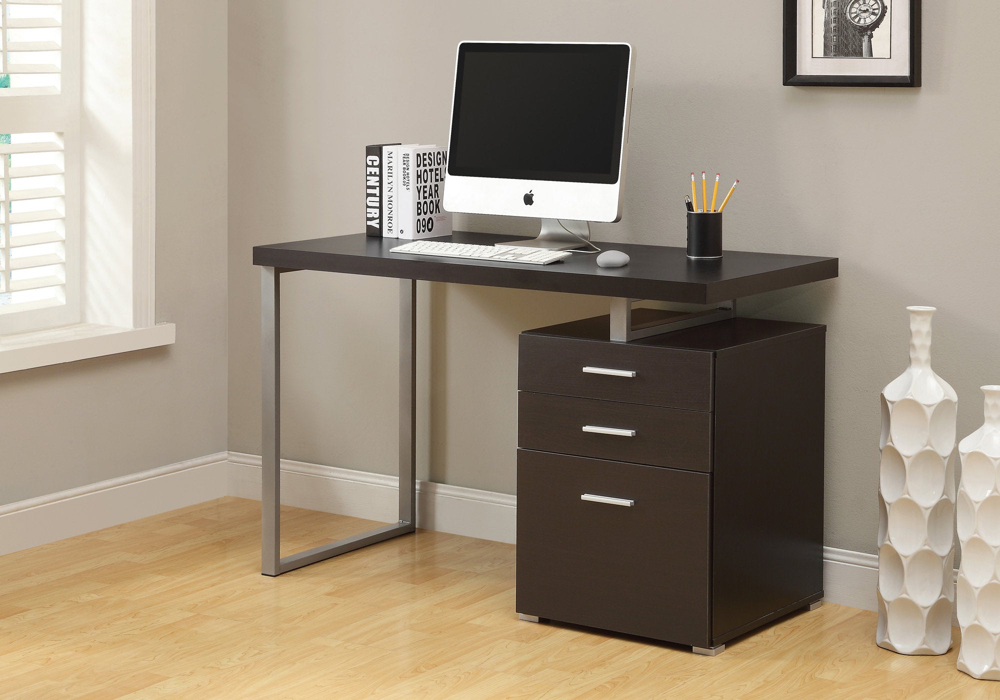 MN-737026    Computer Desk, Home Office, Laptop, Left, Right Set-Up, Storage Drawers, 48"L, Metal, Laminate, Dark Brown, Silver, Contemporary, Modern