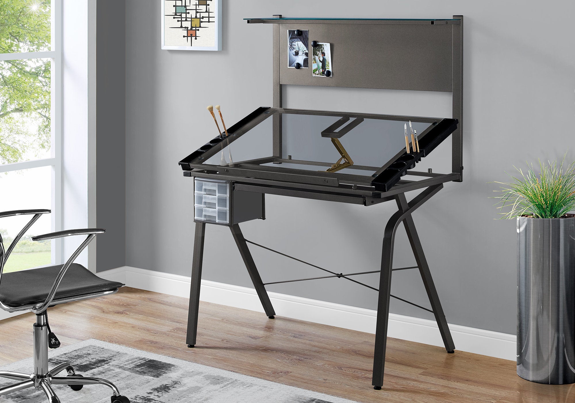 MN-767034    Drafting Table - Adjustable / Grey Metal / Tempered Glass