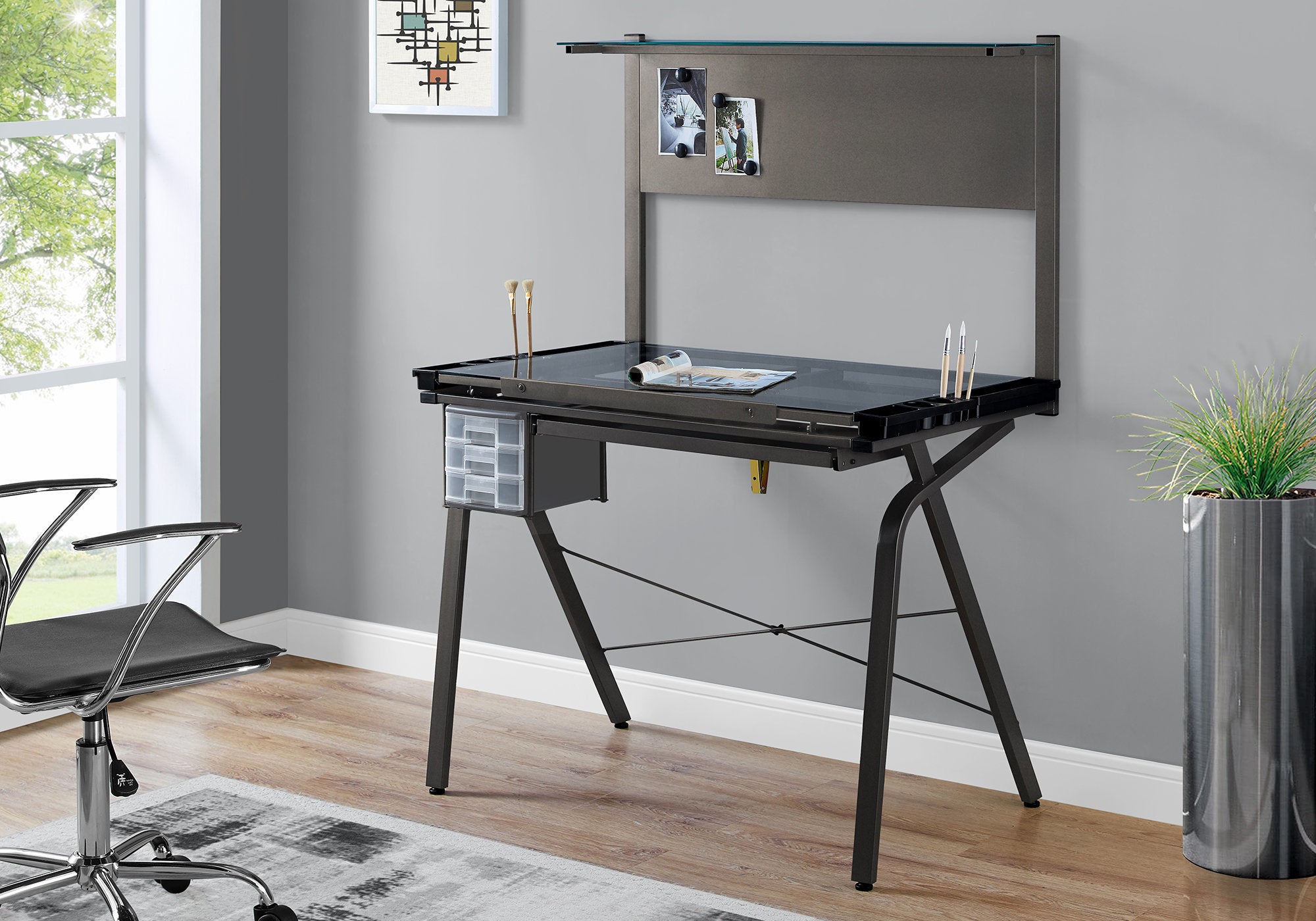 MN-767034    Drafting Table - Adjustable / Grey Metal / Tempered Glass